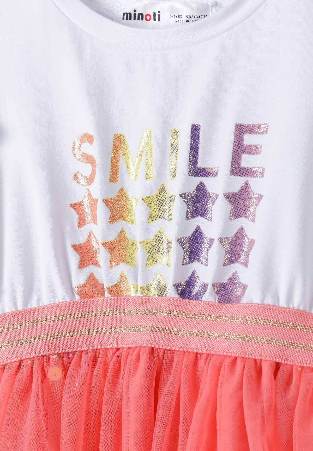 Frill Sleeve Dress, SMILE Star Print, White Coral - 4