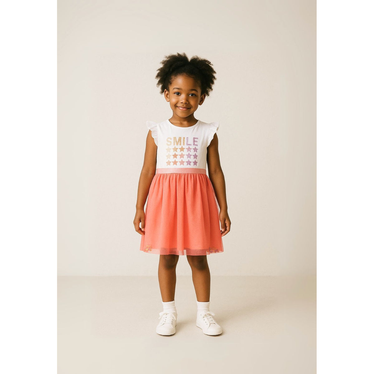 Girls' mesh skirt dress in white and coral — complete product view for square Shop card