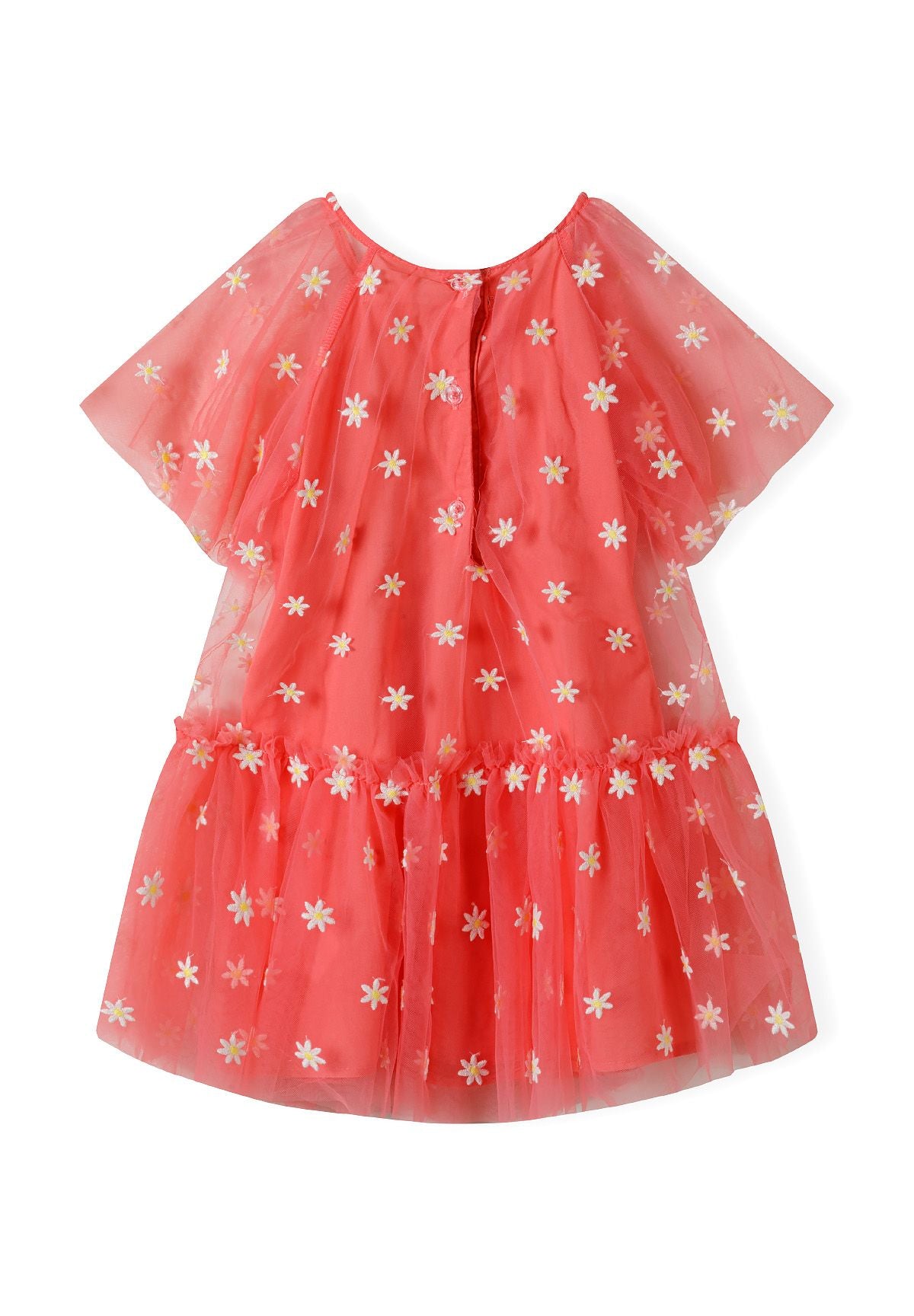 Party Dress Floral Embroidery Coral Short Sleeve - 2