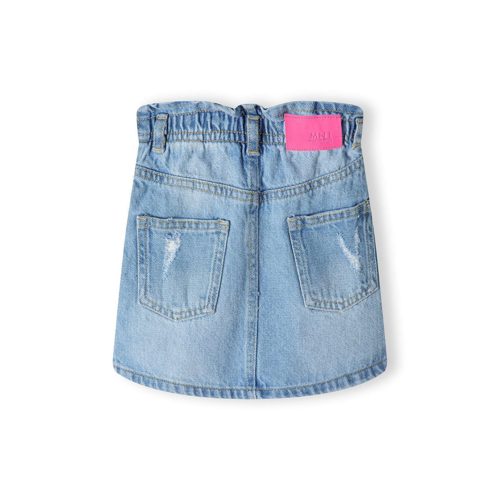 Back view of light blue denim skirt showing two back pockets with pink Minoti label and elasticated waistband detail