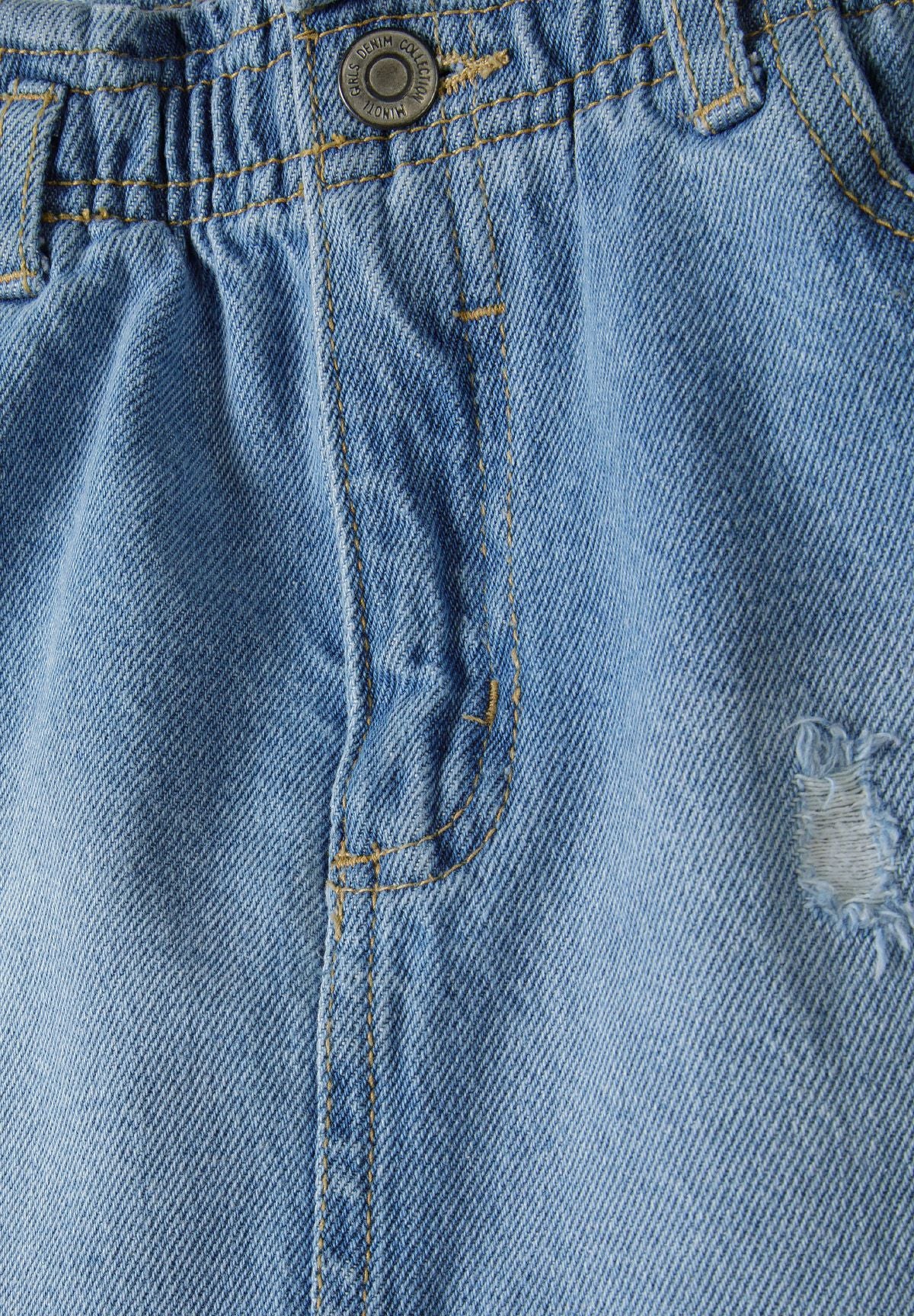 Denim Paperbag Skirt, Distressed Detail, Light Blue - 3