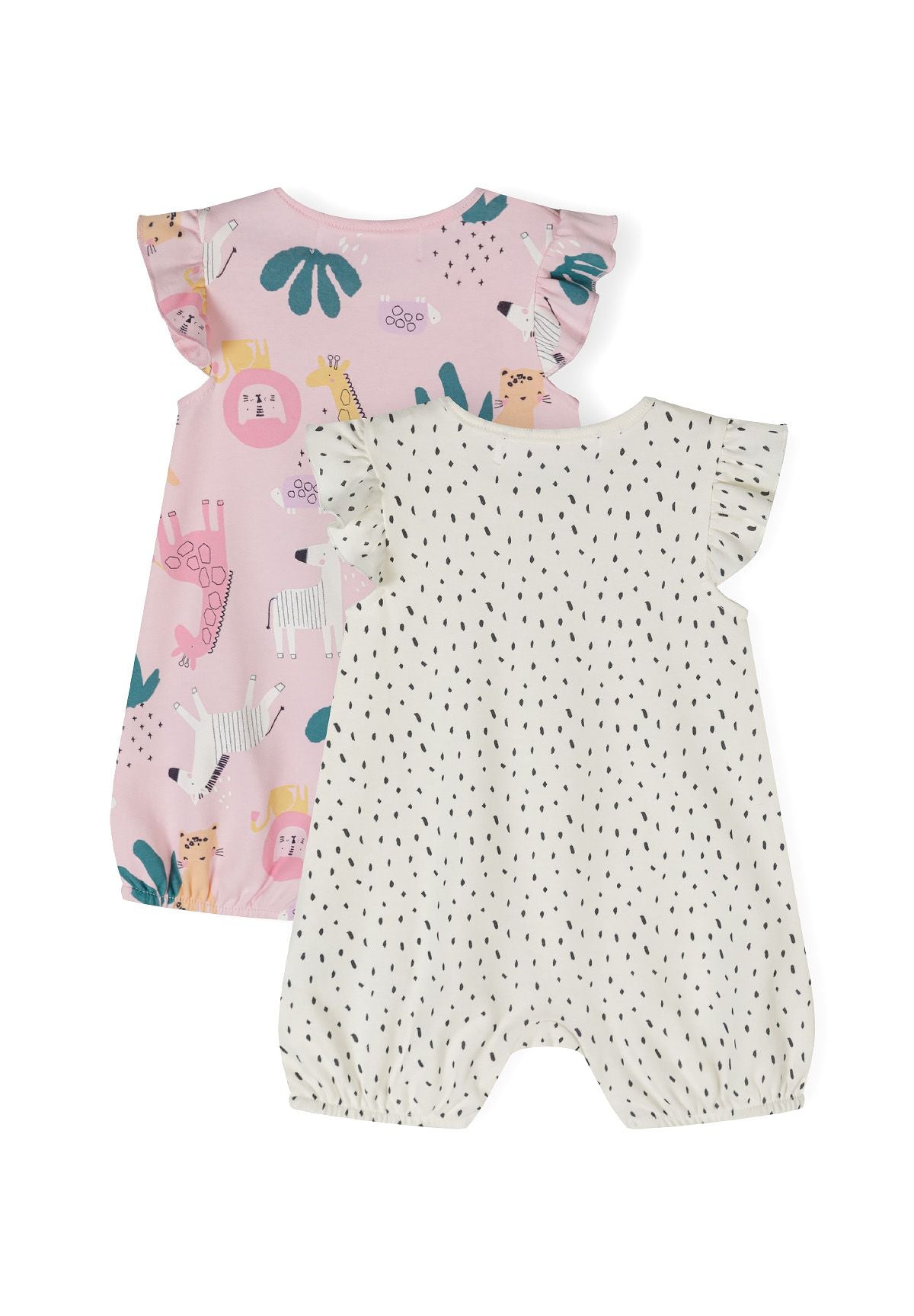 Girls cream rompers with frill sleeves, featuring colorful patterns, front press studs, and elasticated trims.