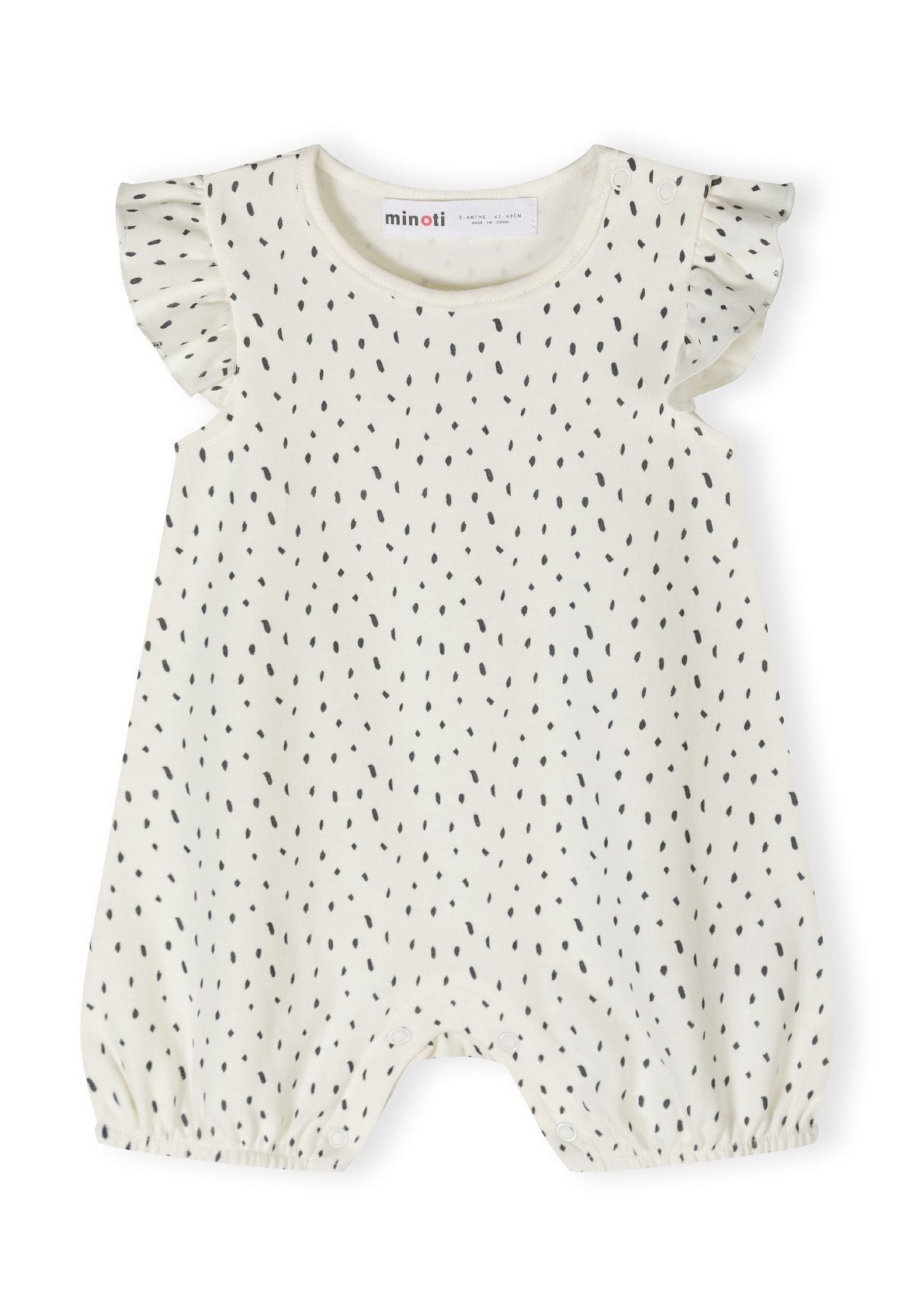 Girls cream romper with frill sleeves and colorful patterns, front view.