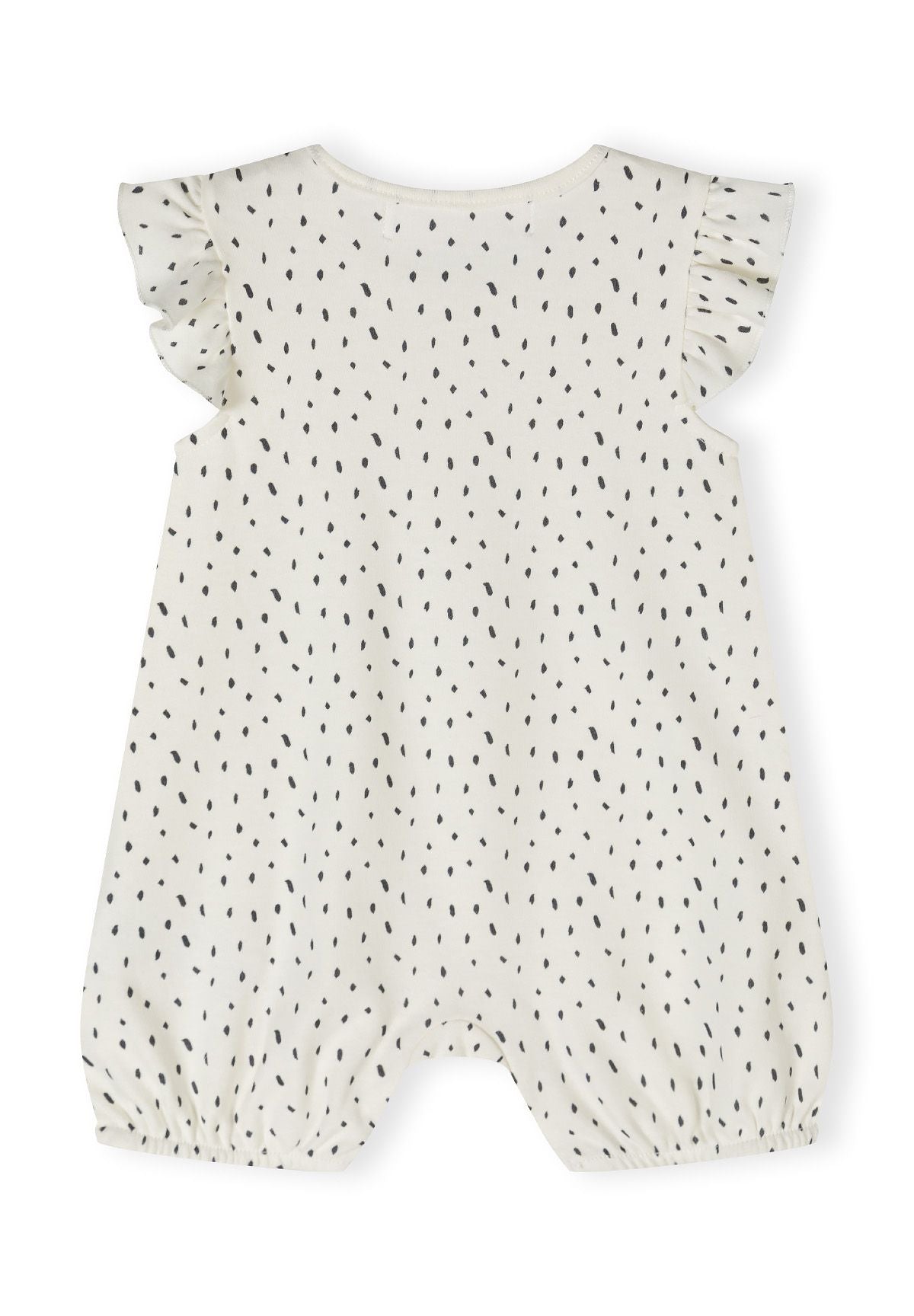 Back view of cream girls romper with frill sleeves and black dot pattern.