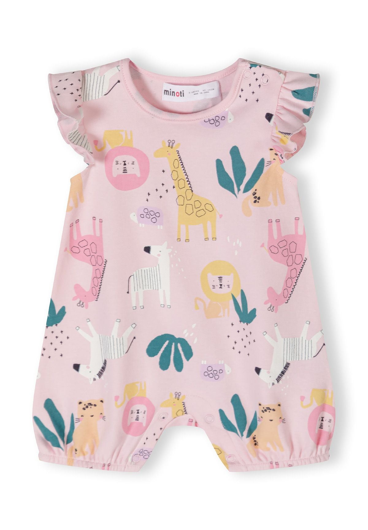 Girls romper with frill sleeves, pink, front view, featuring colorful animal patterns and press stud fastenings.
