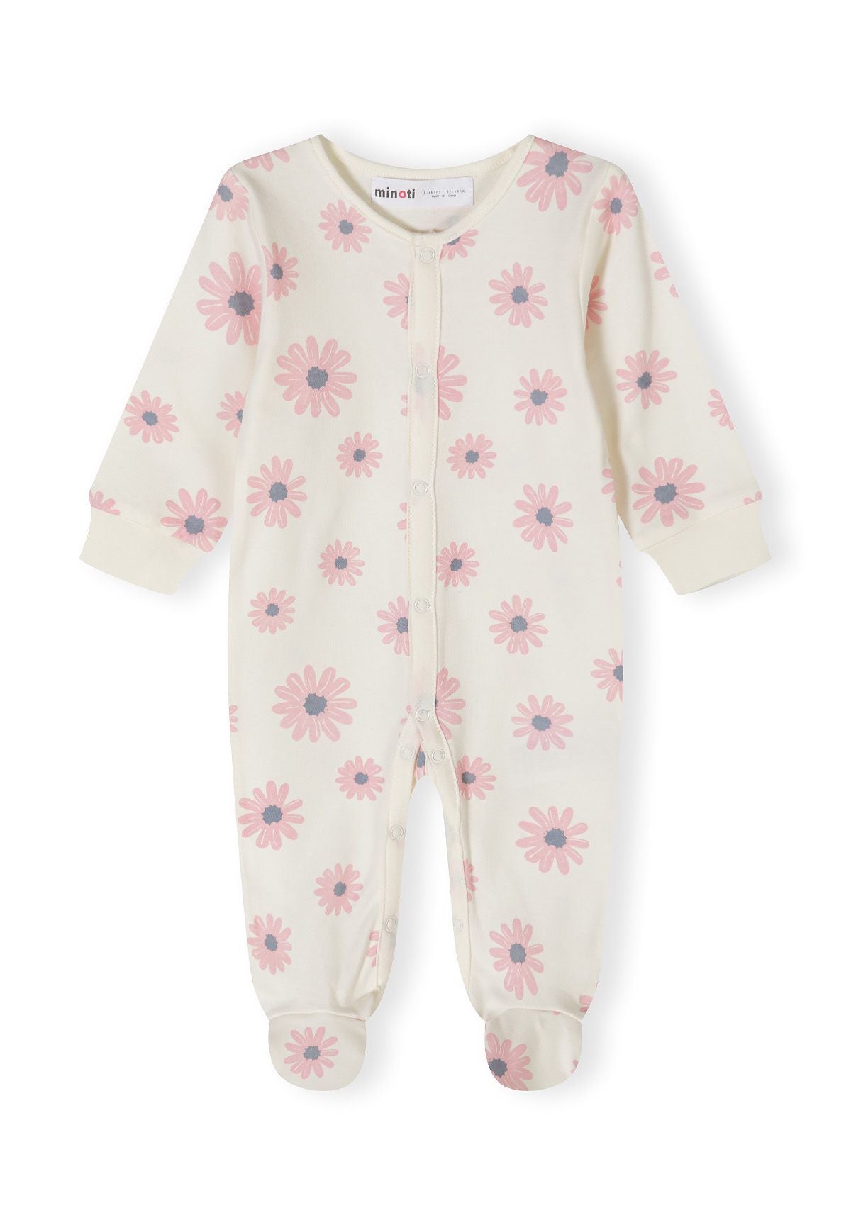 Girls long sleeve sleepsuit in light pink with floral pattern, front view, featuring press stud fastening.