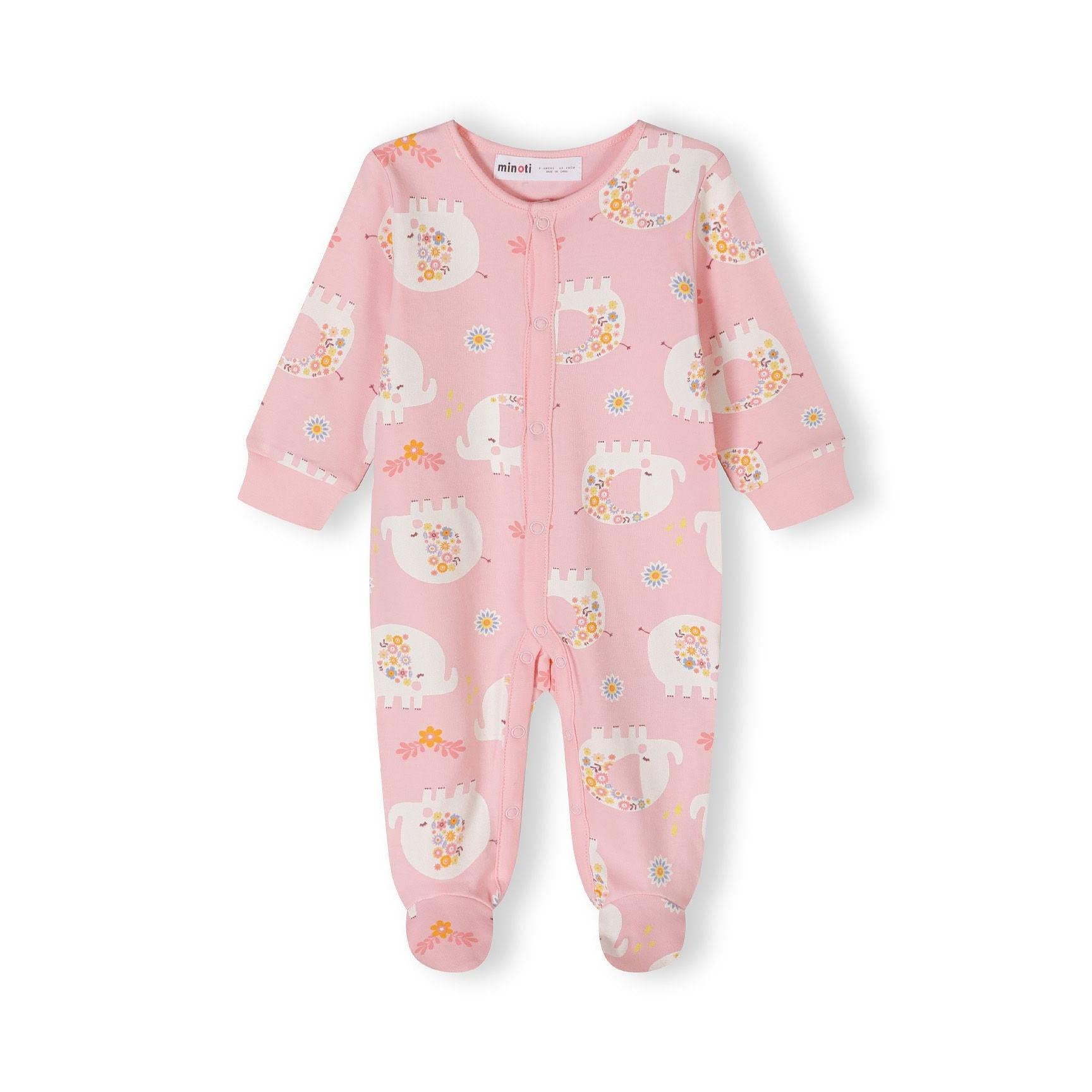 Detail view of pink sleepsuit showing snap button closure, small white elephant design with colourful flowers and Minoti label