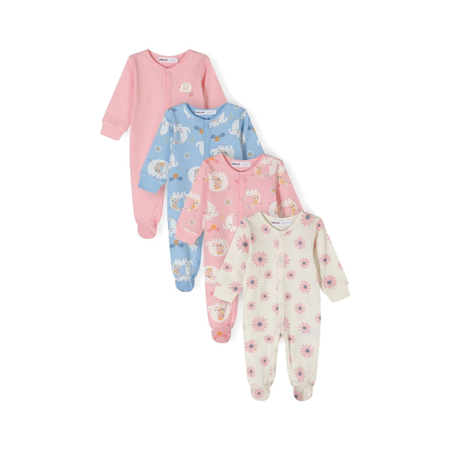 Four baby sleepsuits displayed flat on white background in pink, light blue and cream colours with elephant and floral prints