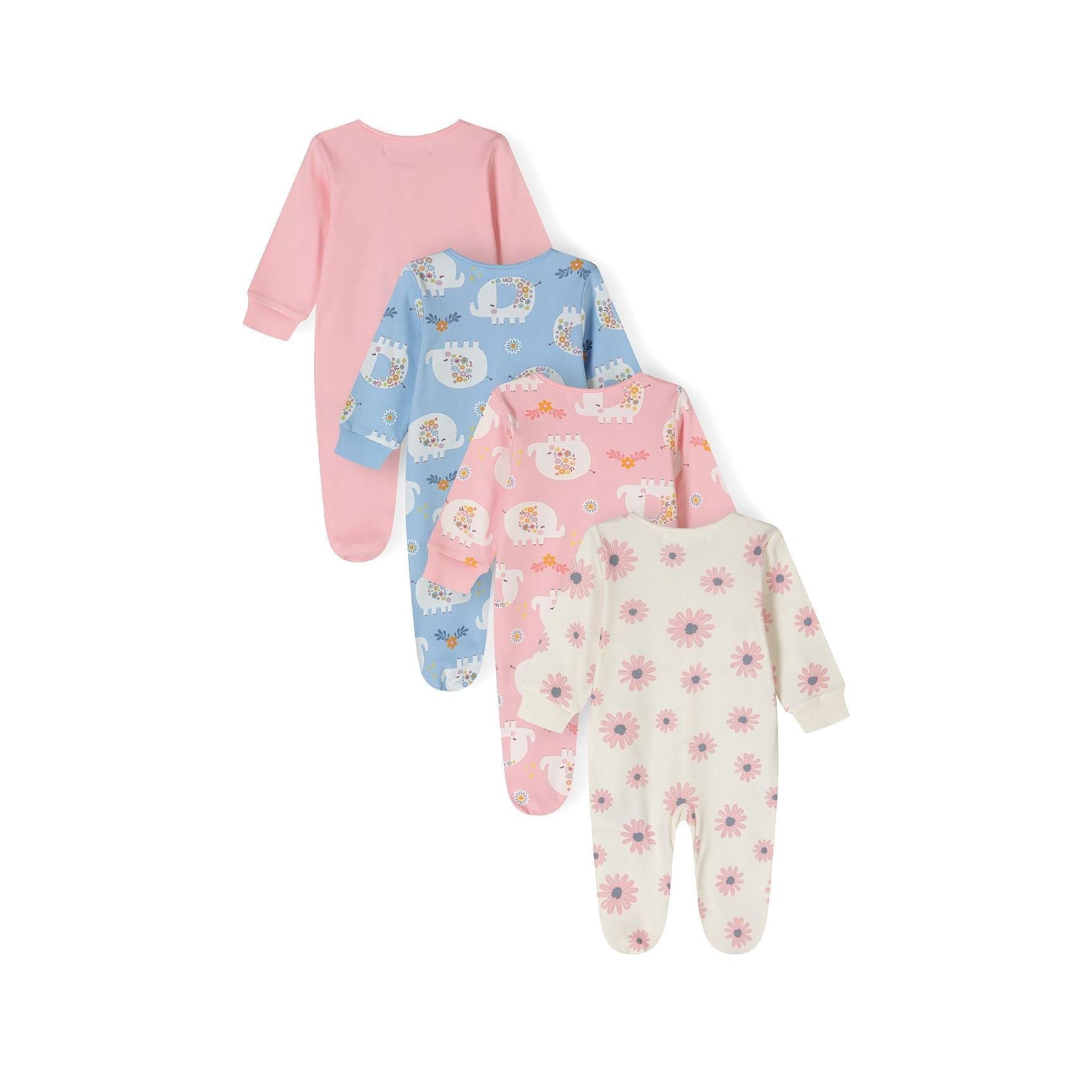 Detail view of pink sleepsuit showing snap button closure, small white elephant design with colourful flowers and Minoti label