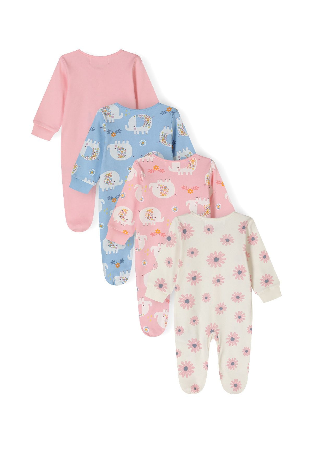 Pink, blue and cream sleepsuits, four backs.