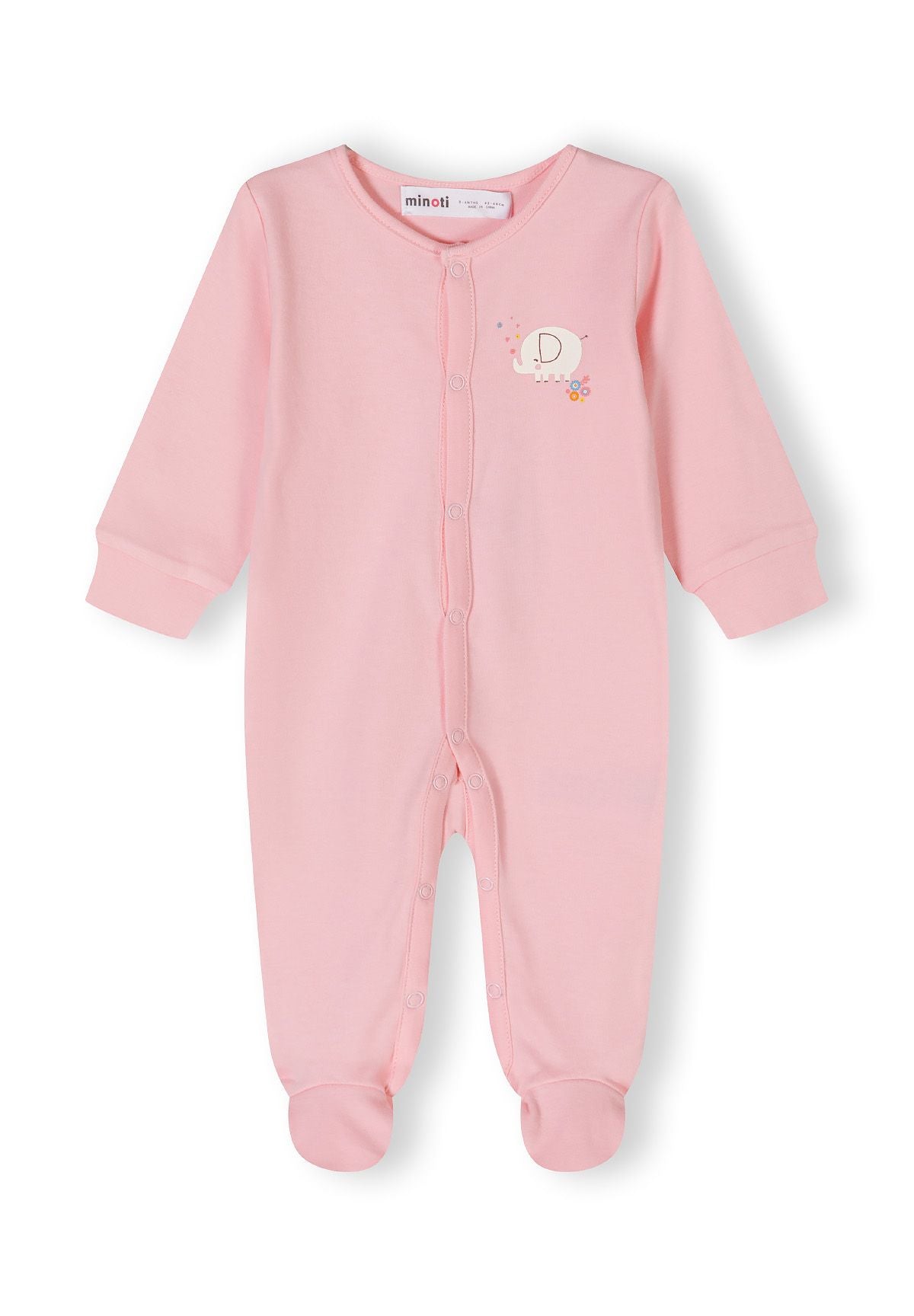 Girls long sleeve sleepsuit in light pink with front press stud fastening and foot coverage.