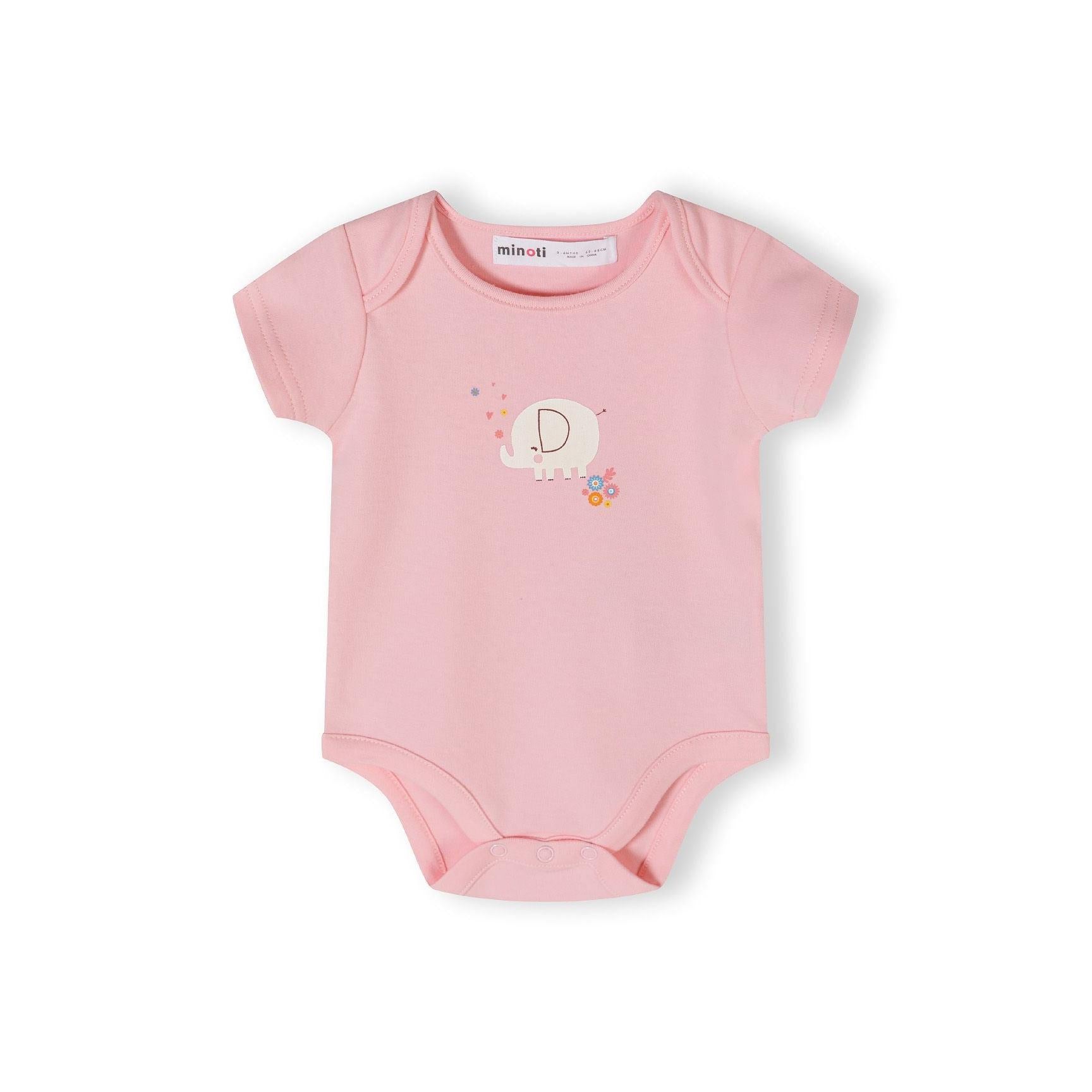 Single light pink short sleeve bodysuit with white daisy flower print pattern scattered across the fabric on white background