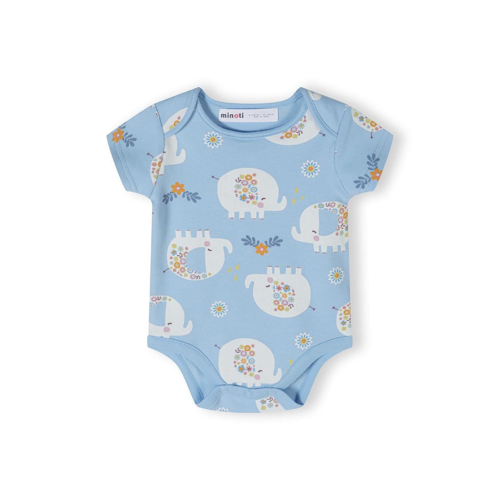 Single light blue short sleeve bodysuit with white elephant print featuring floral decorations and daisy motifs on white background