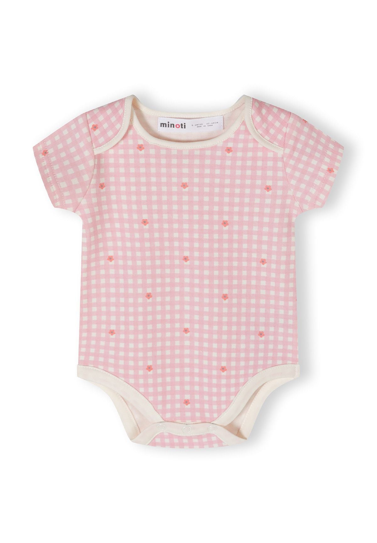 Pink, blue and cream short-sleeved bodysuits, pink gingham front.