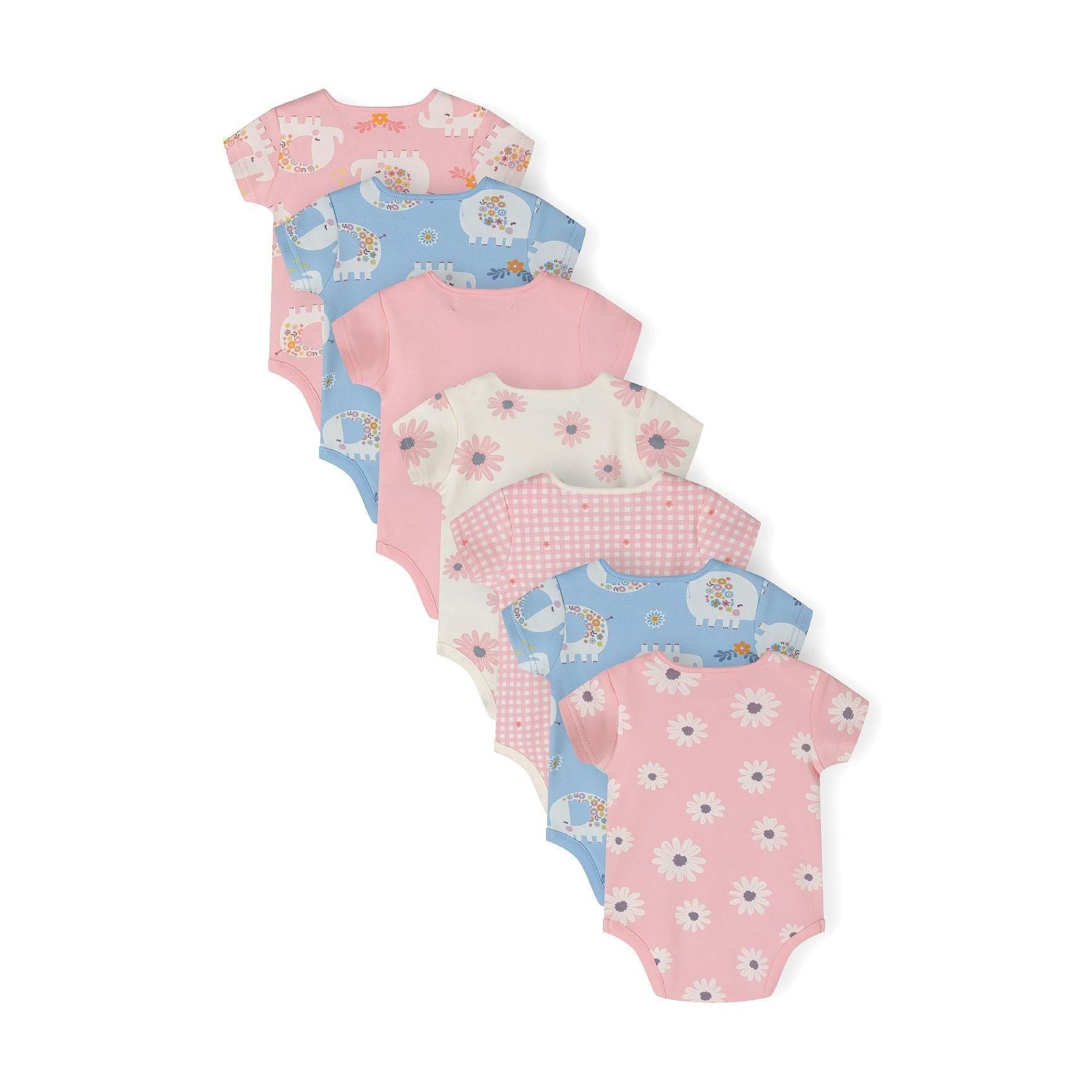 Single light blue short sleeve bodysuit with white elephant print featuring floral decorations and daisy motifs on white background