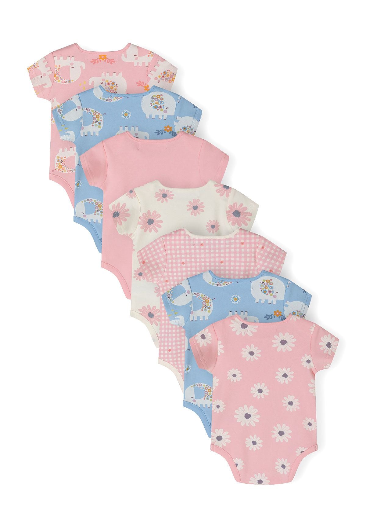 Pink, blue and cream short-sleeved bodysuits, seven bodysuits back.