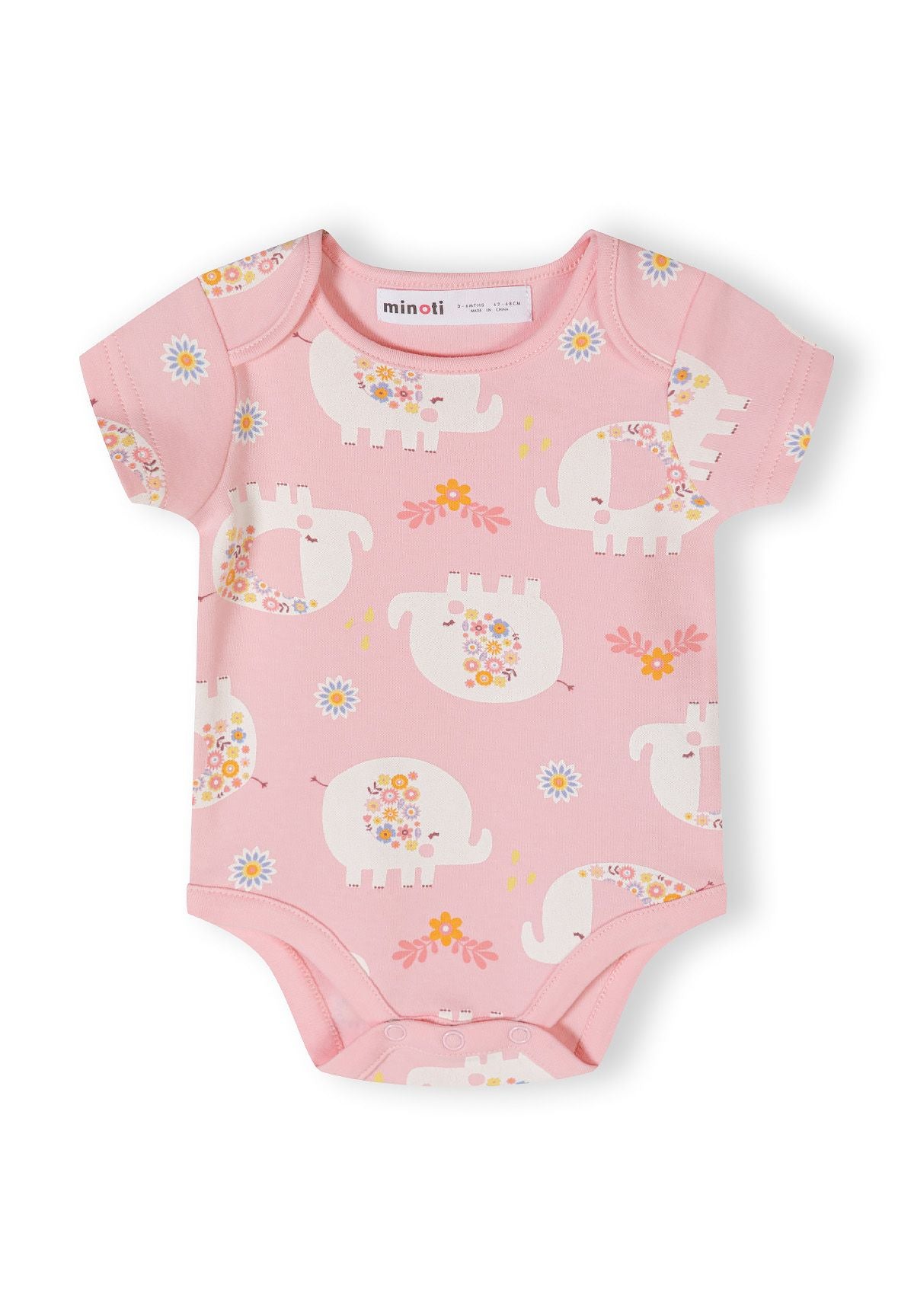 Pink, blue and cream short-sleeved bodysuits, pink elephant front.