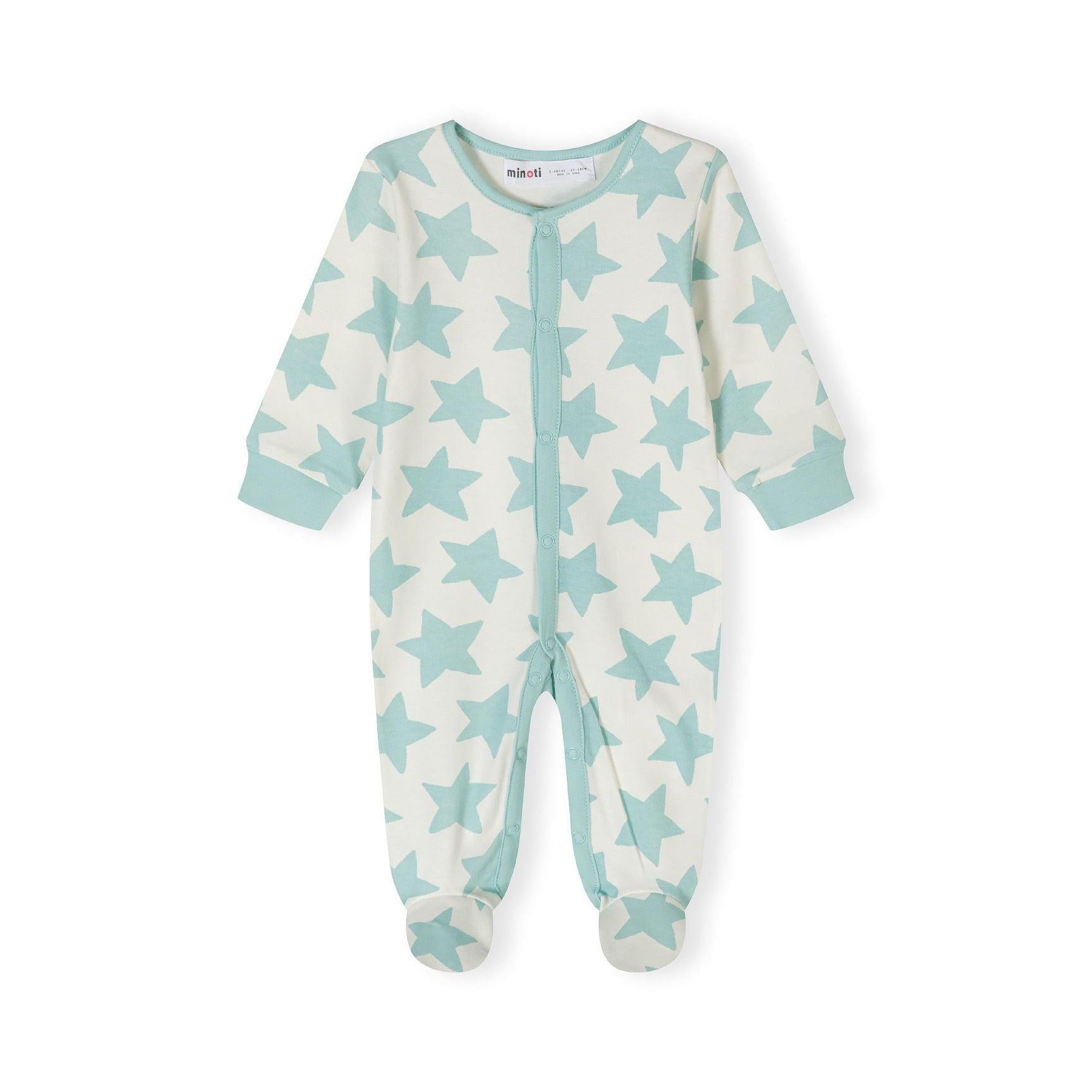 Single mint green sleepsuit with large star print pattern shown flat with snap button closure down the front