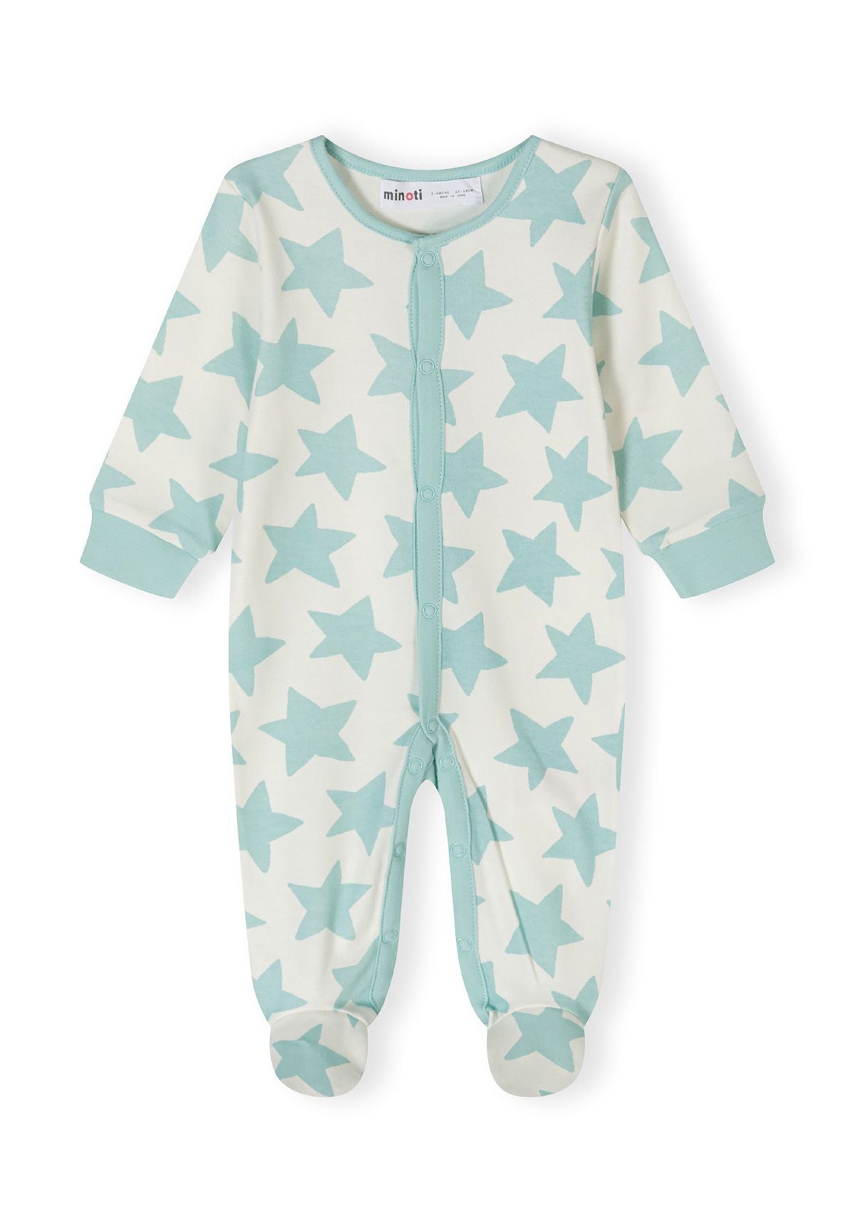Boys long sleeve sleepsuit in mint with star print, front fastening and attached feet.