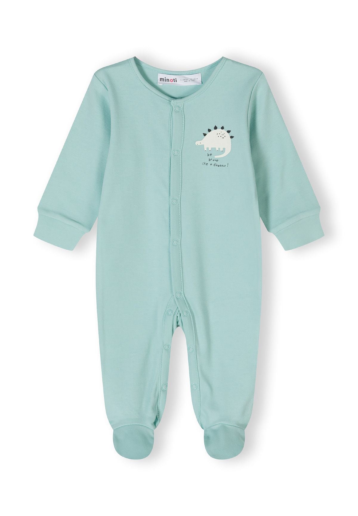 Boys long sleeve sleepsuit in mint with front press stud fastenings and attached feet.