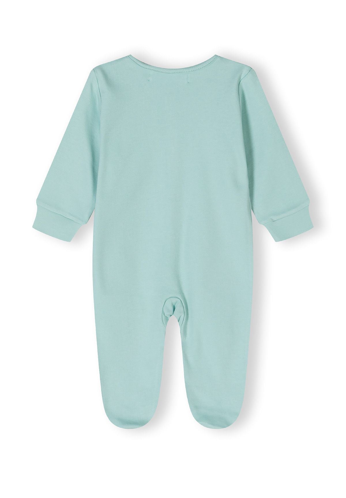 Back view of a mint long sleeve sleepsuit for boys with attached feet.