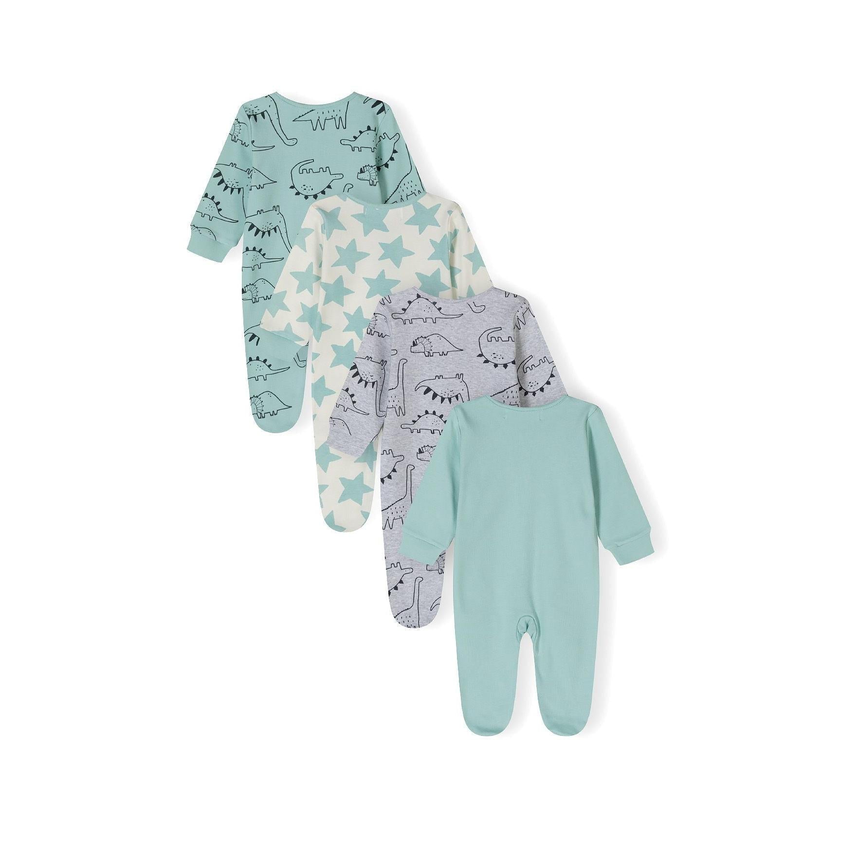 Close-up detail of mint green sleepsuit showing black outlined dinosaur prints and snap button fastenings with Minoti label