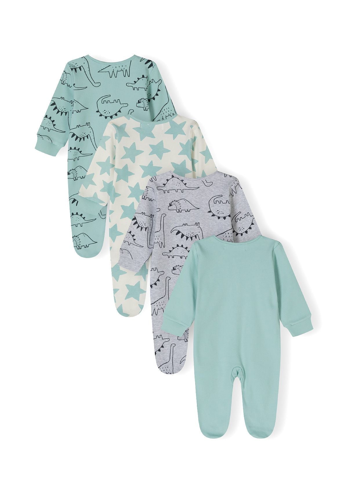 Mint, cream and grey marl sleepsuits, four backs.