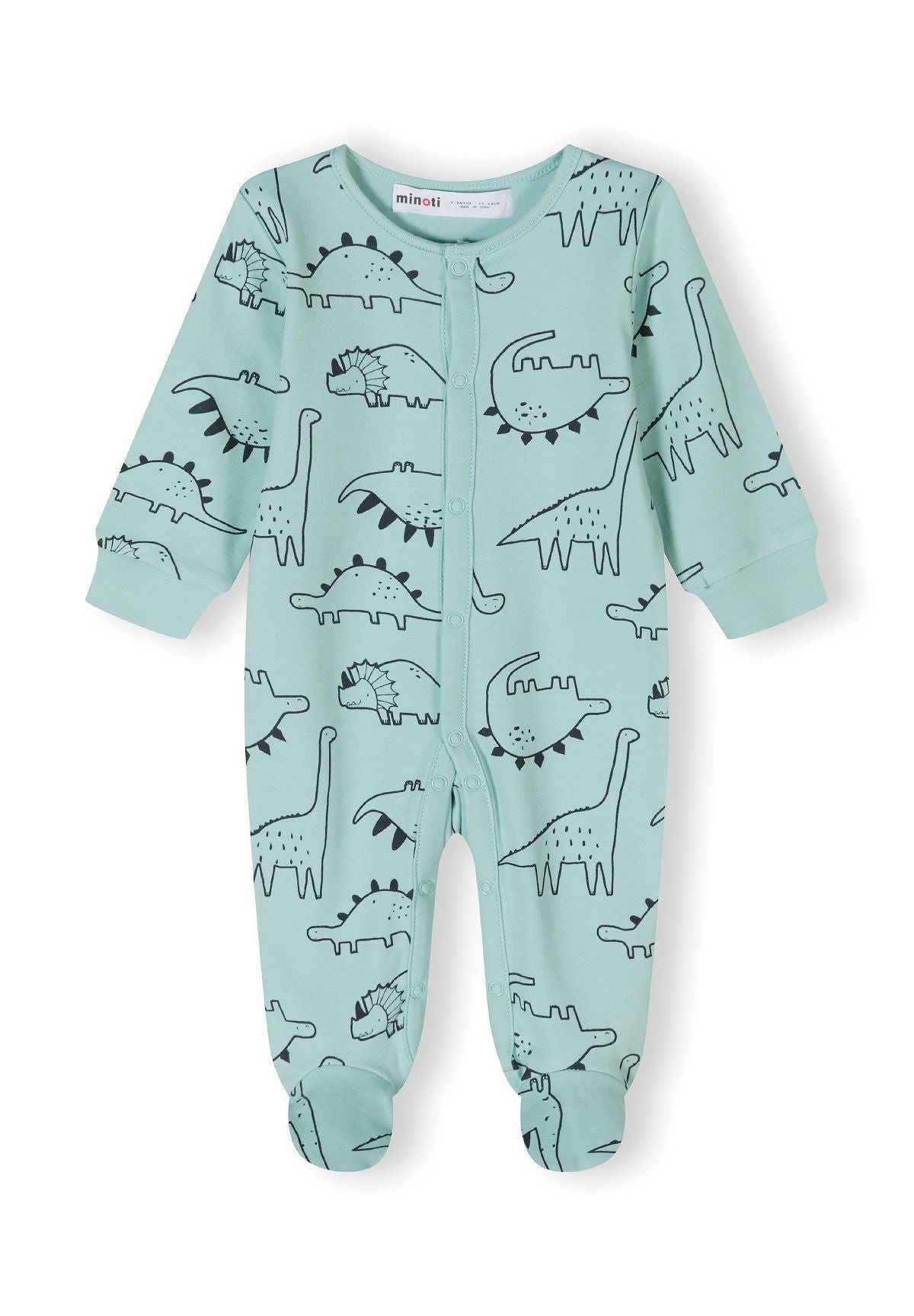 Mint, cream and grey marl sleepsuits, mint dinosaur front.