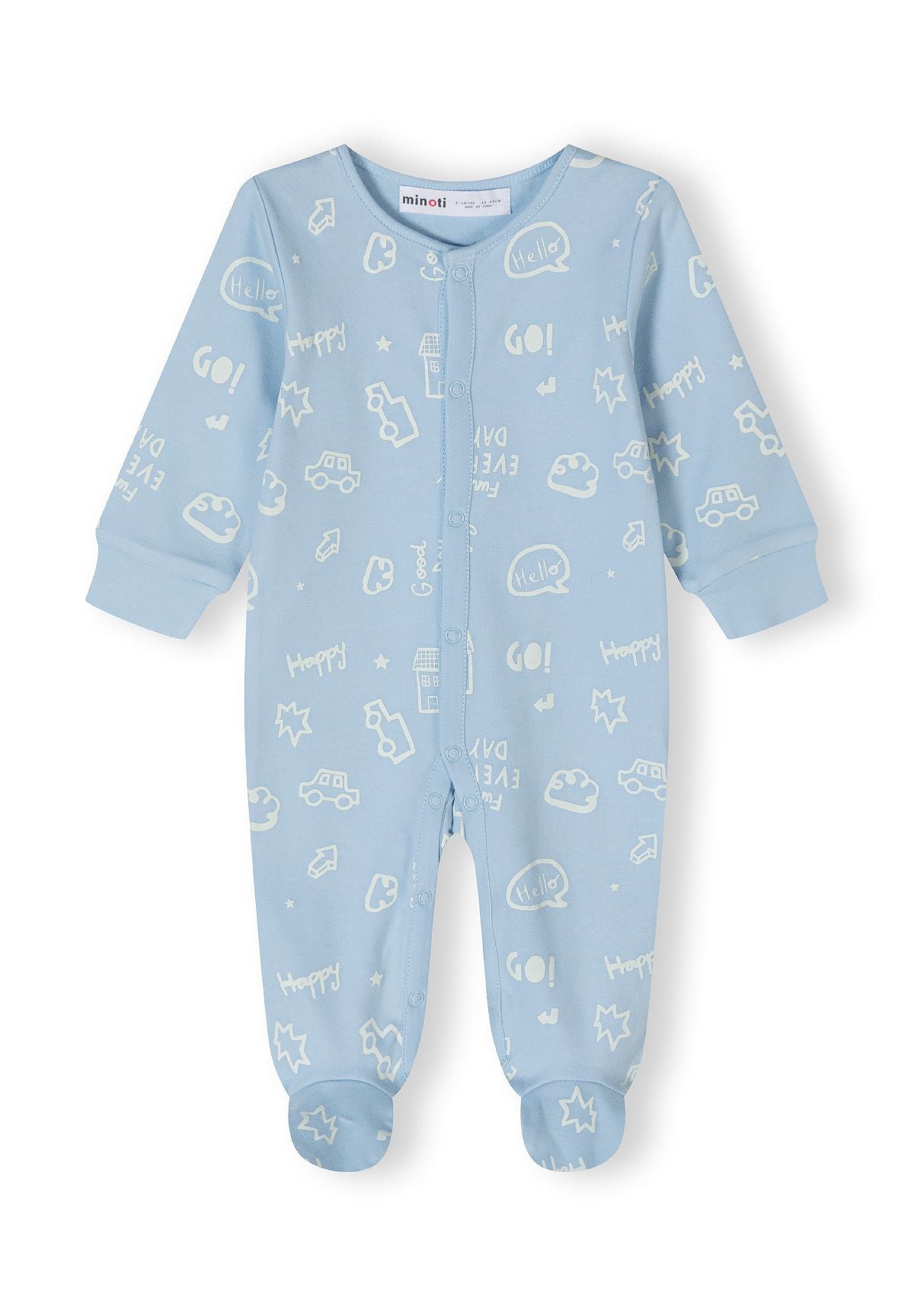 Light blue long-sleeve boys sleepsuit with printed details, front view.