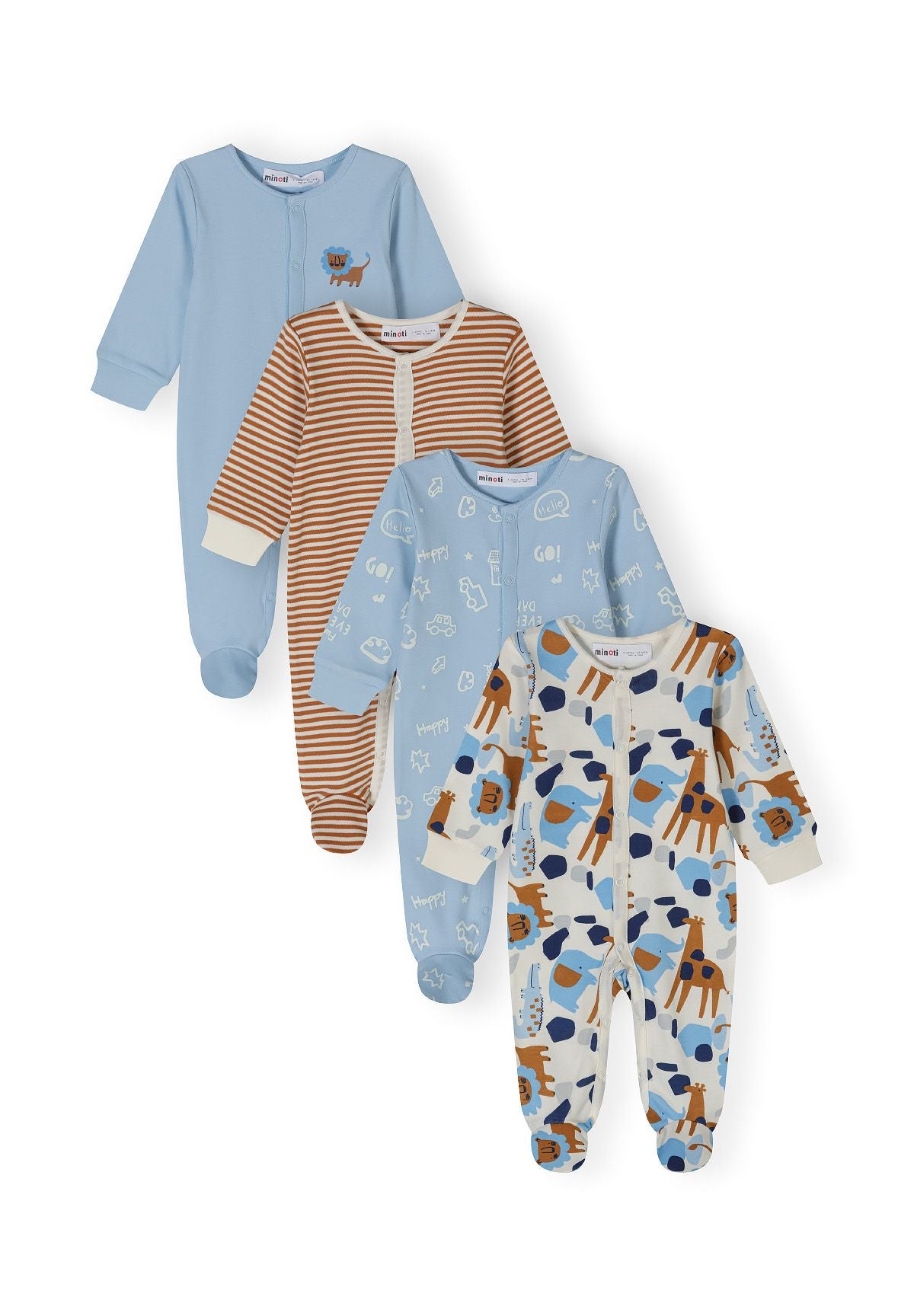 Blue, brown and cream sleepsuits, four fronts.
