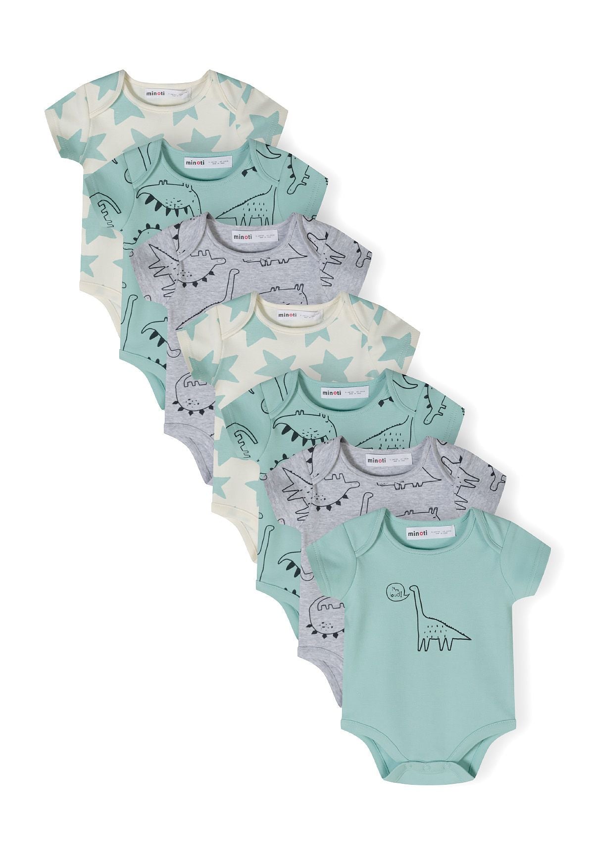 Set of seven short sleeve bodysuits for boys in mint and gray with dinosaur and star prints.