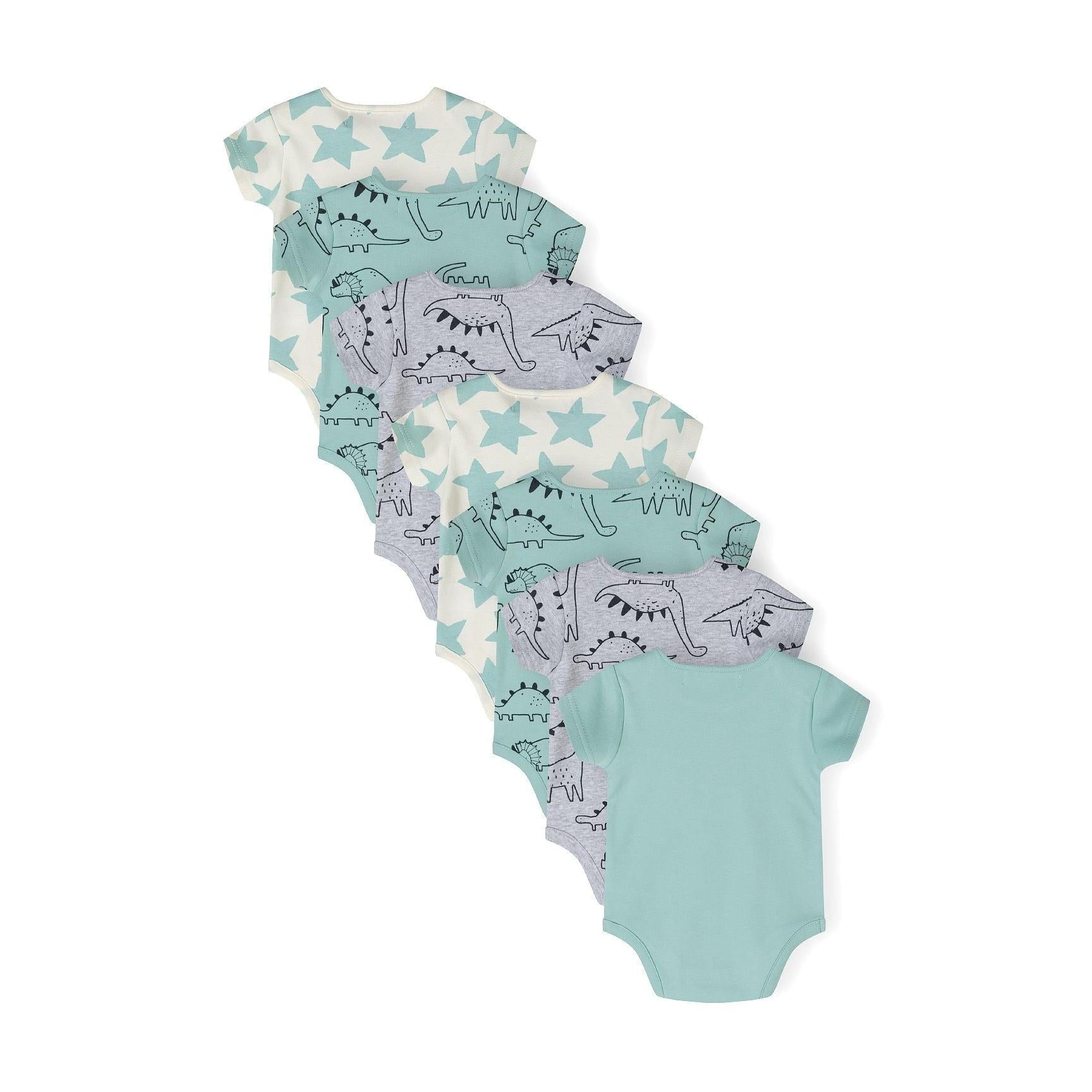 Close-up front view of mint green short sleeve bodysuit with black line drawing dinosaur print pattern and Minoti label at neckline