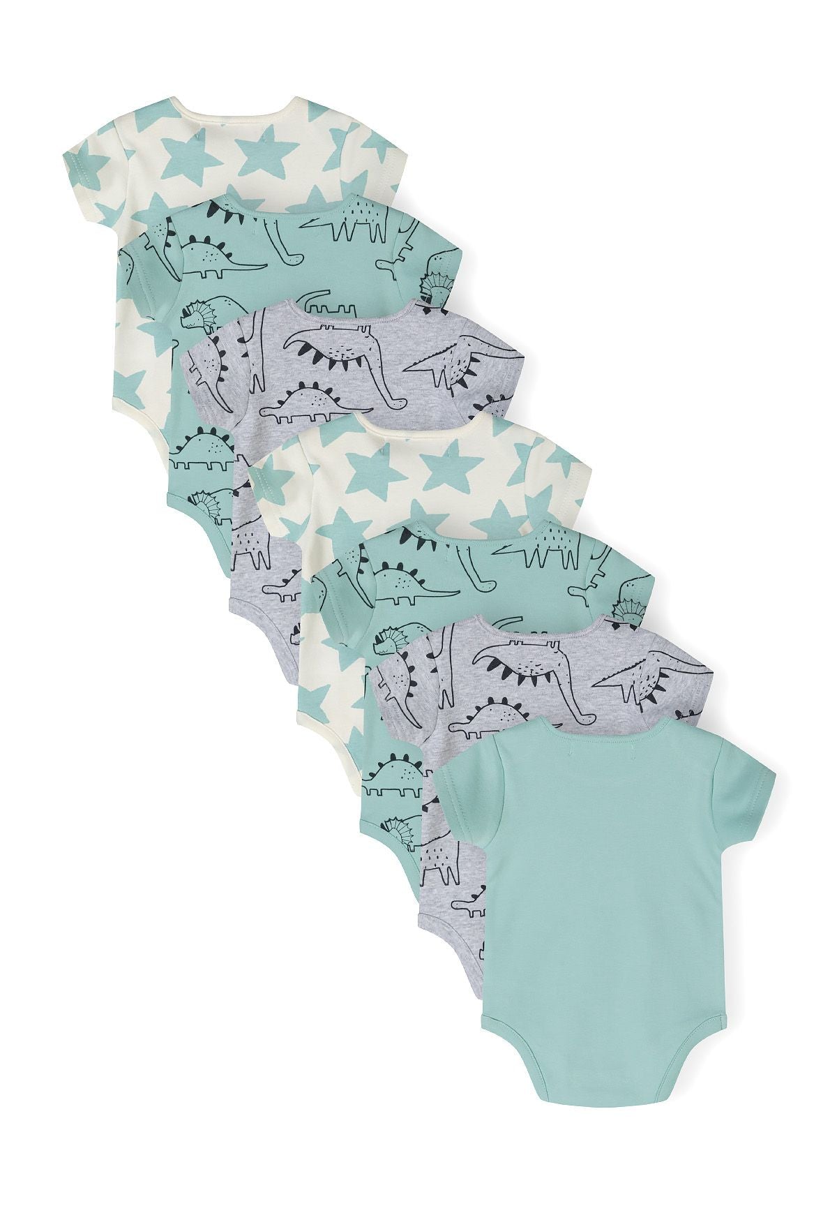 Set of seven short sleeve bodysuits in mint and printed designs, featuring envelope shoulders and press-studs.