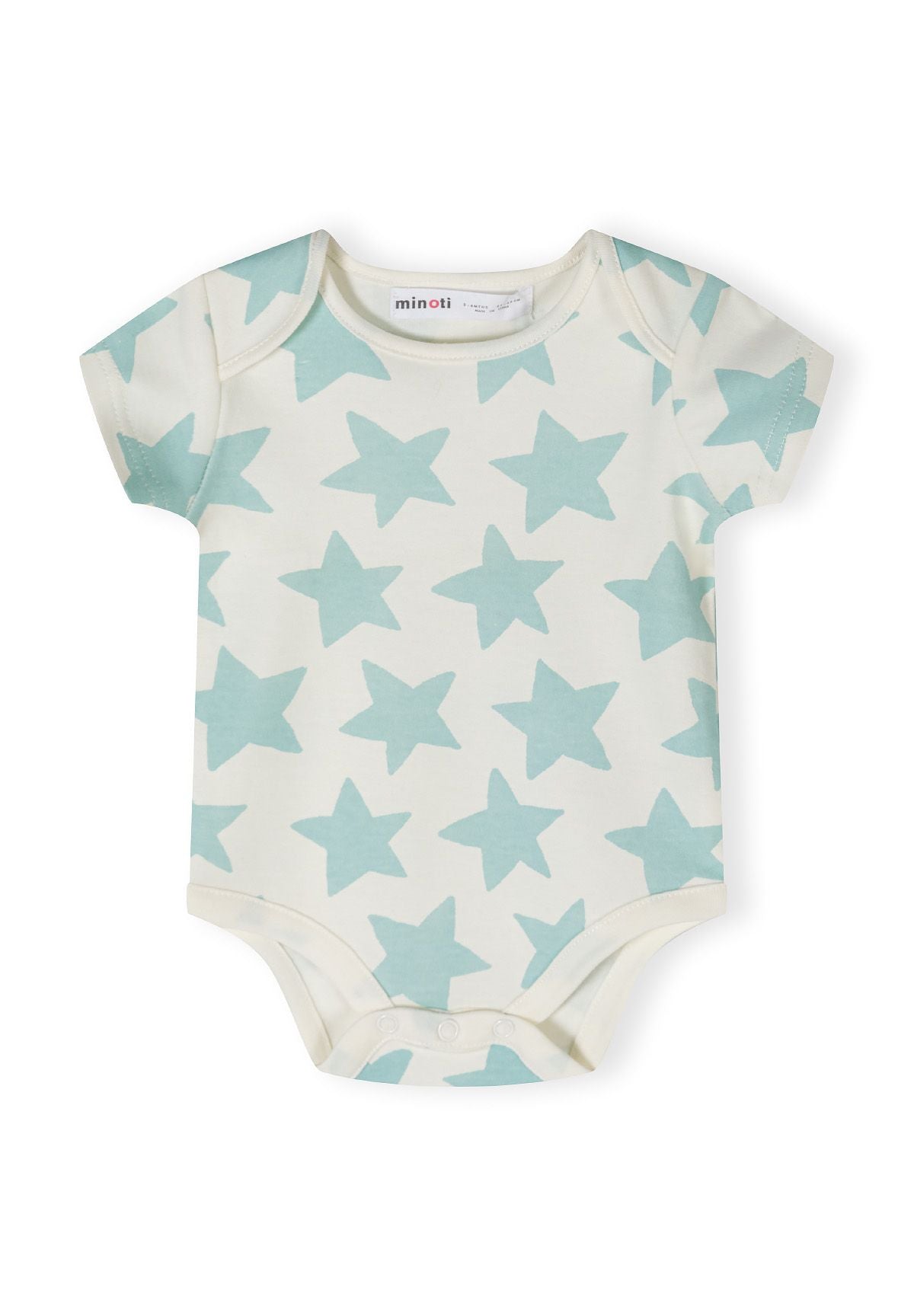 Boys short sleeve bodysuit in mint with star print, front view.
