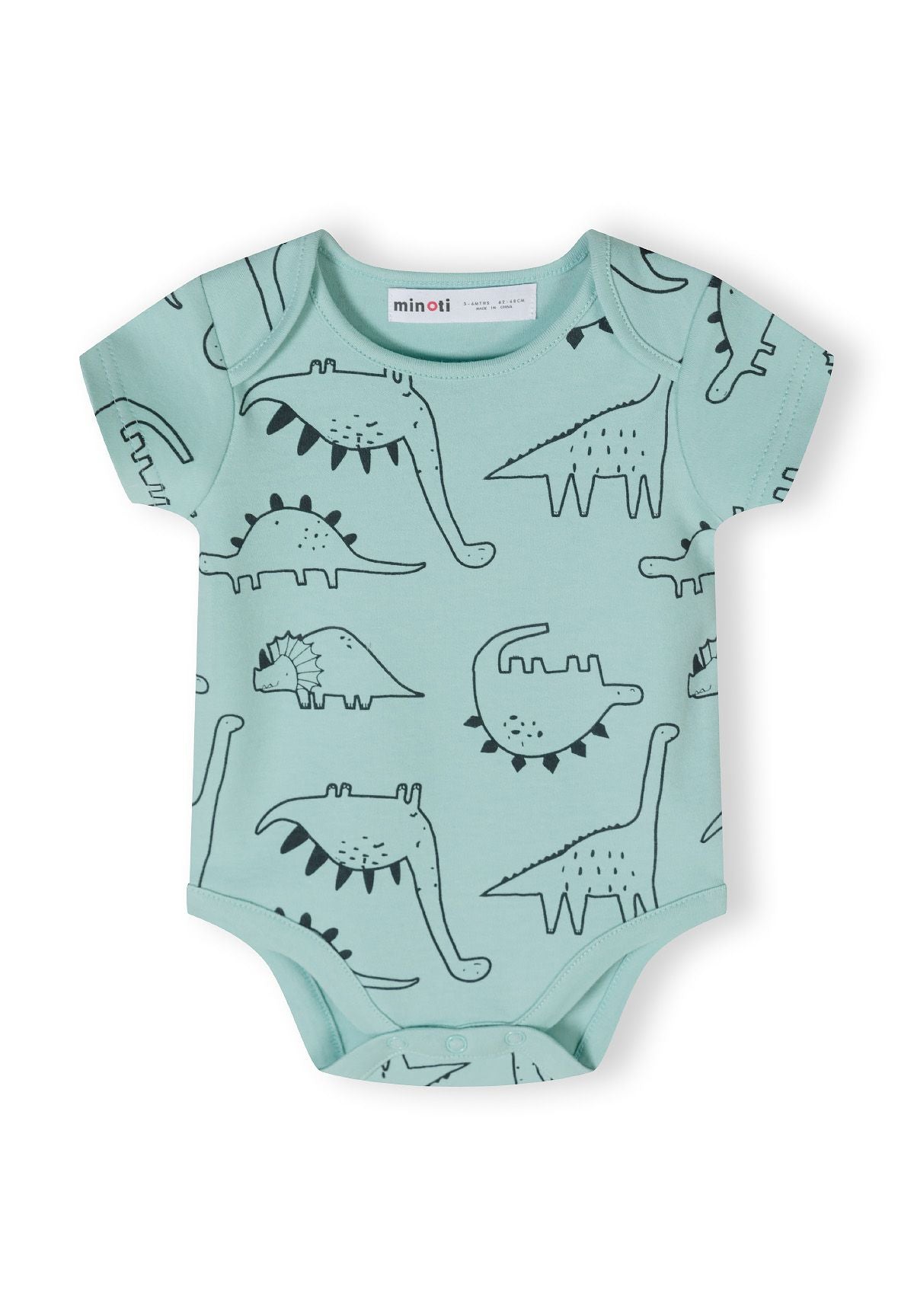 Mint short sleeve bodysuit with dinosaur prints, front view, features envelope shoulders and press-studs.