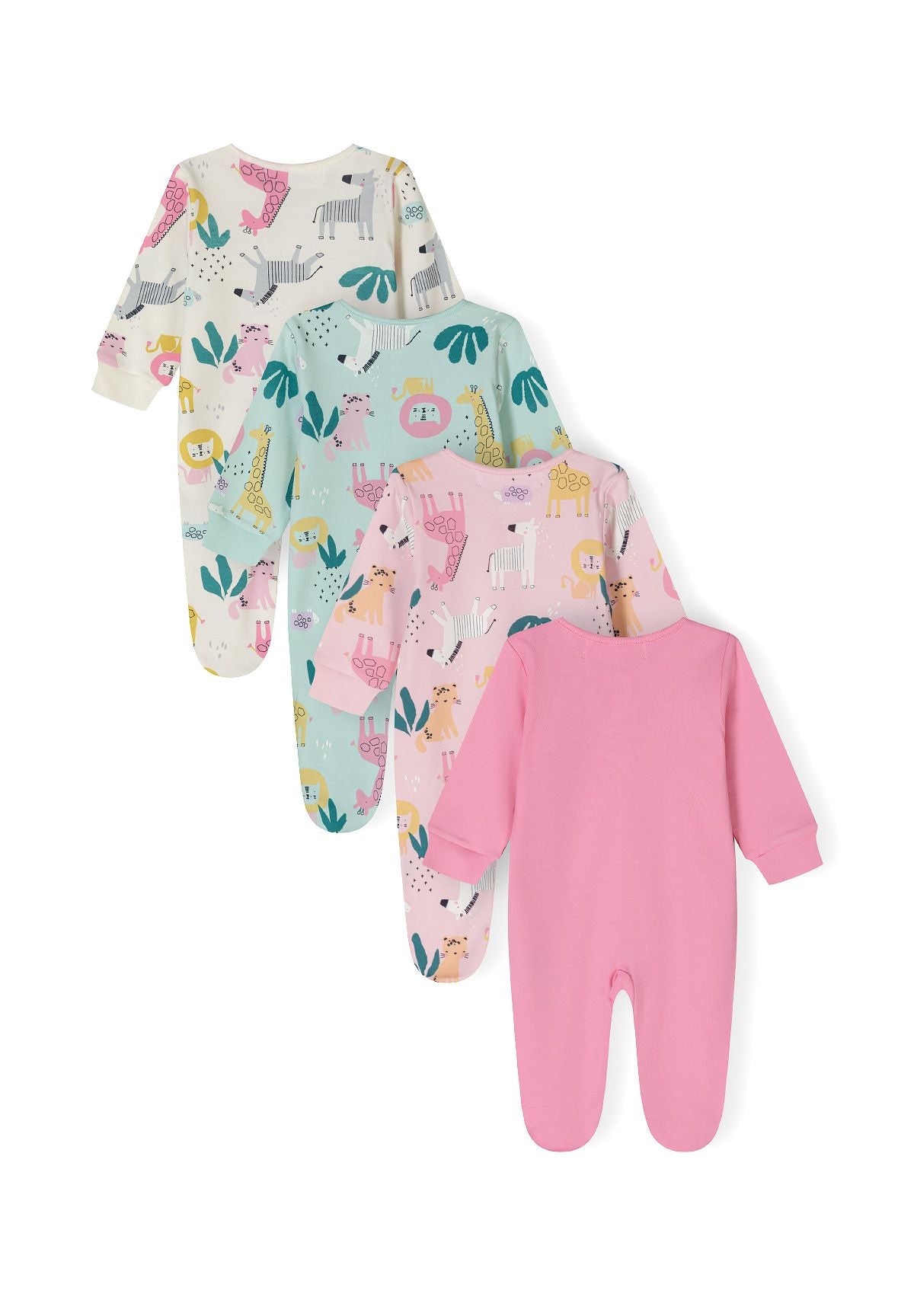 Four long-sleeved girls' sleepsuits with feet, featuring colorful animal prints and a pink suit at the back.