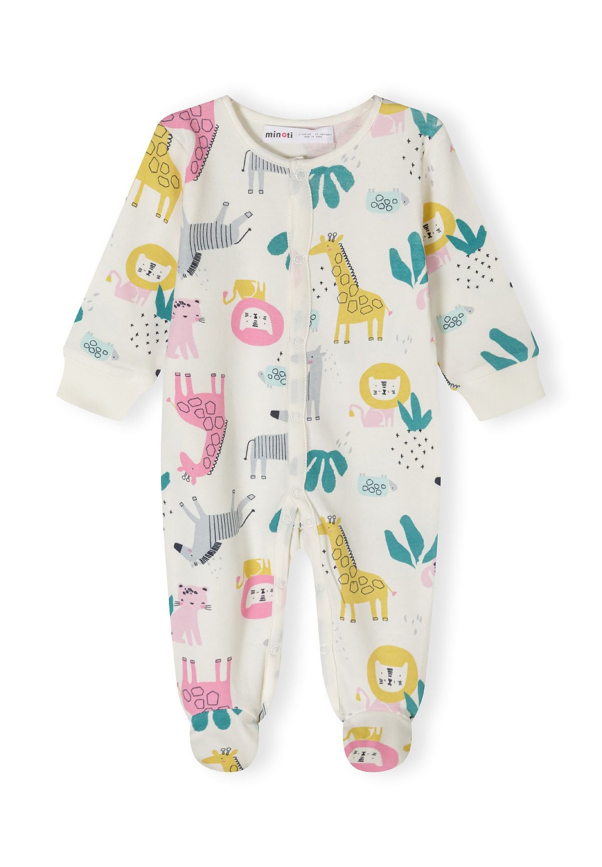 Girls long-sleeved sleepsuit with feet, featuring a colorful animal print, front press stud closure.