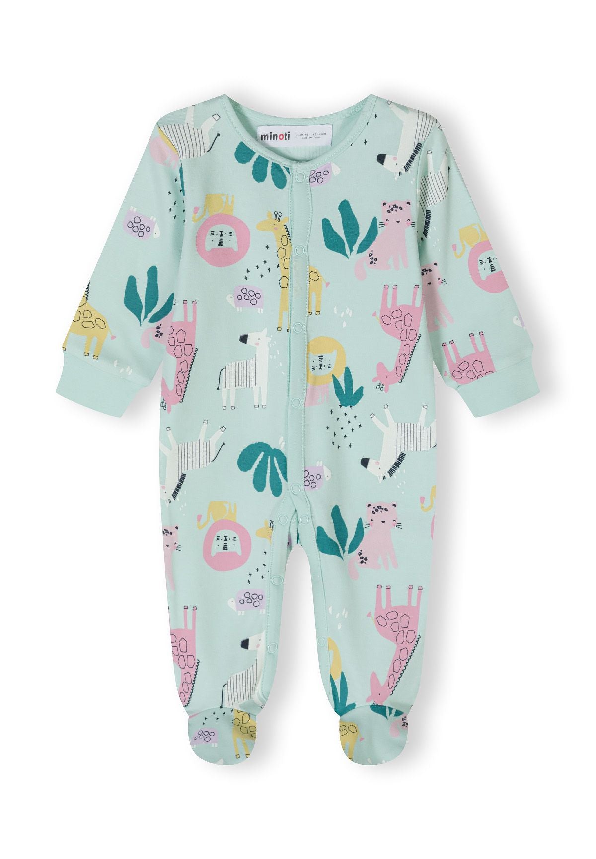 Detail of a long-sleeved girls' sleepsuit in mint green with animal prints and footed bottoms.