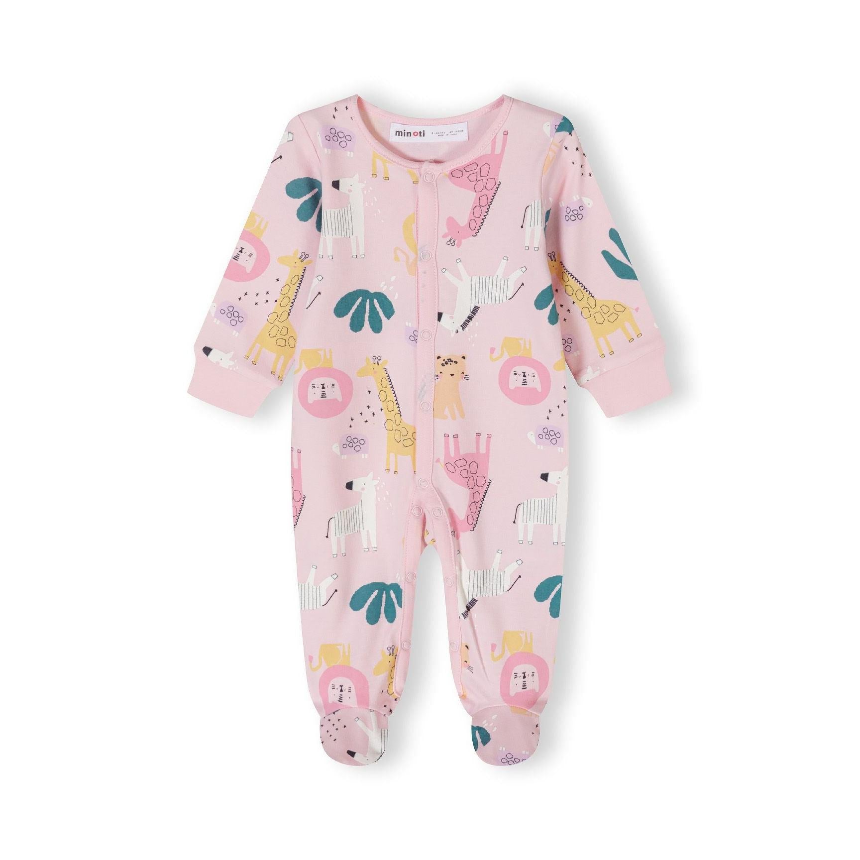 Close-up detail of pink sleepsuit showing snap button closure and embroidered lion character with blonde mane and floral elements on chest