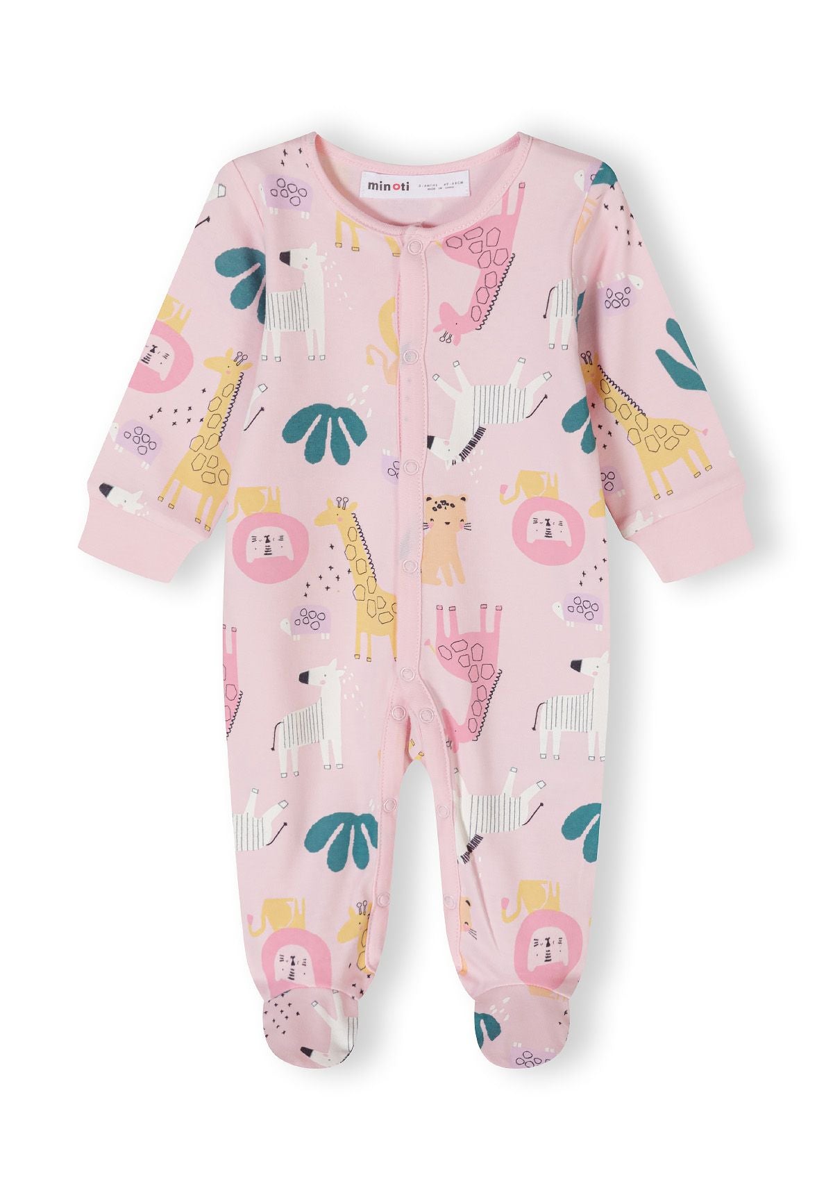 Girls long-sleeve sleepsuit in pink with animal print, front view, footed design.