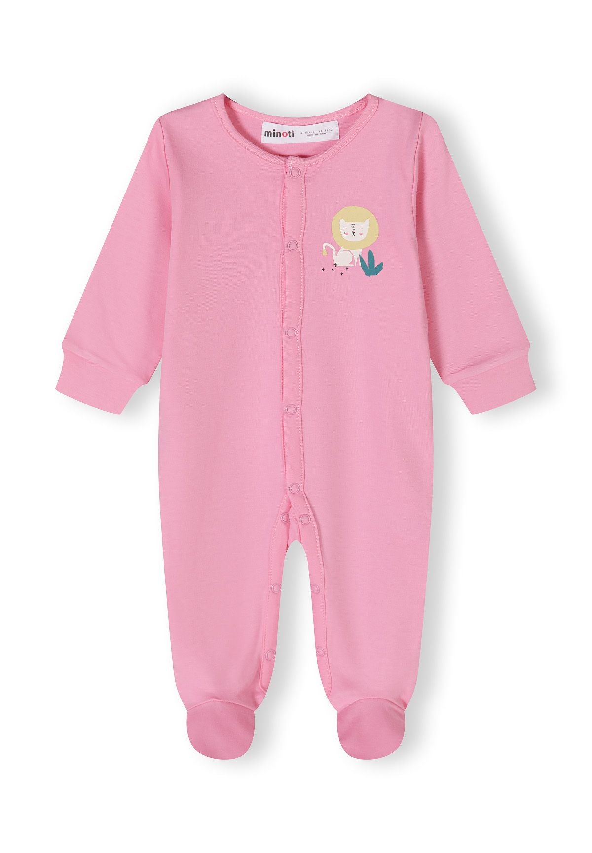 Girls long-sleeve sleepsuit in pink with footed bottoms and press studs.