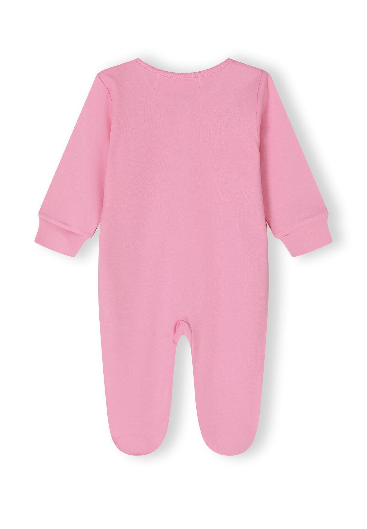 Back view of a pink long-sleeved sleepsuit with footed bottoms and cuffed sleeves.