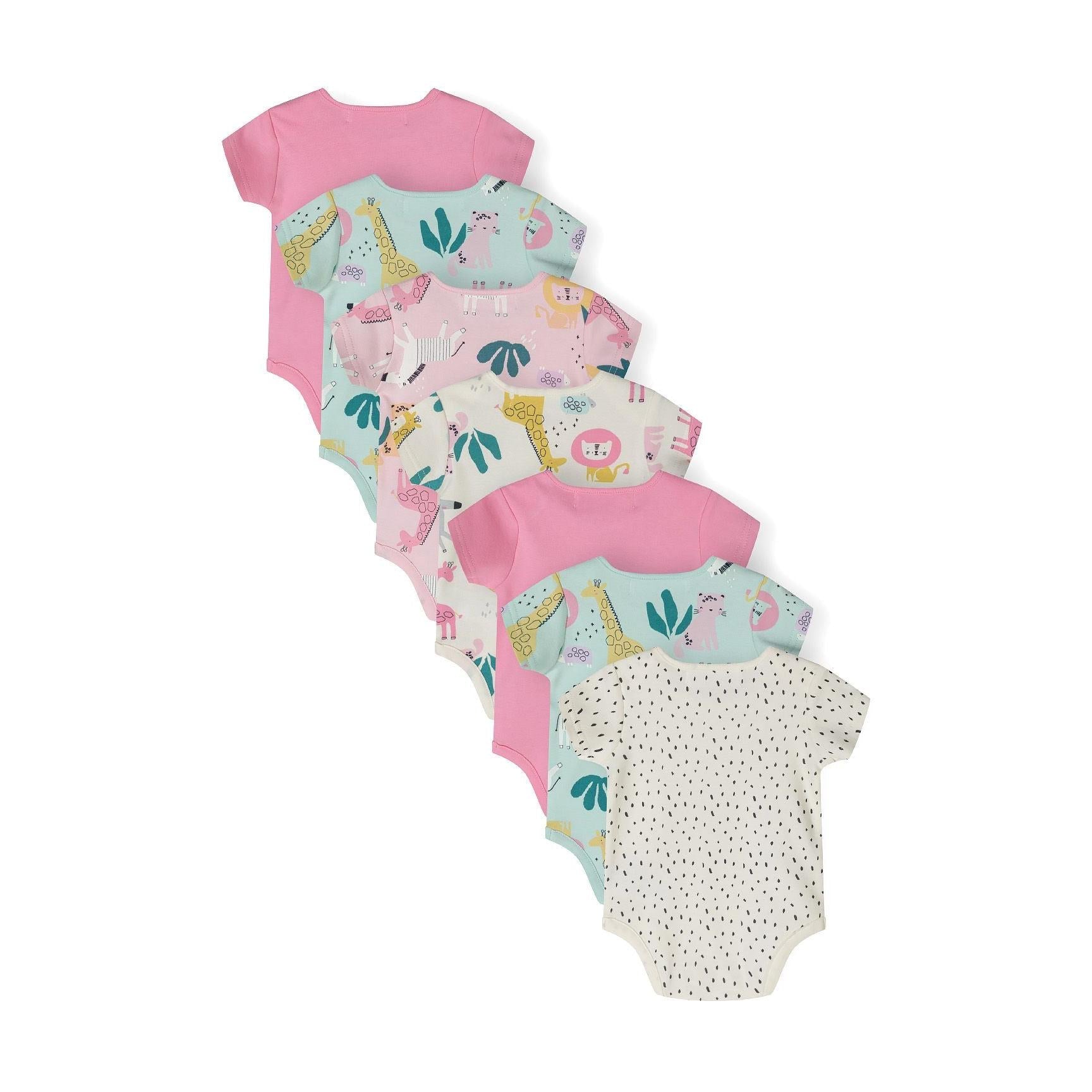 Single mint green bodysuit with safari animal print featuring giraffes, zebras, lions and tropical botanical elements displayed on white background