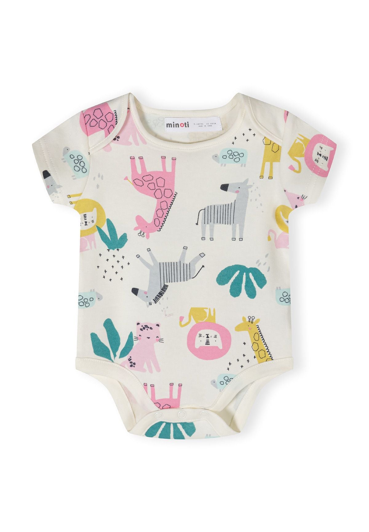 Girls short sleeve bodysuit in cream with colorful animal prints, front view, features envelope shoulders and press-studs.