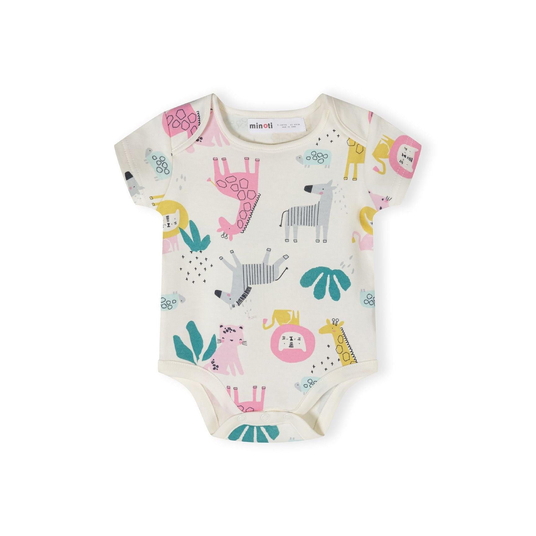 Single cream colored bodysuit with colorful safari animal print including giraffes, zebras, lions and tropical leaves on white background
