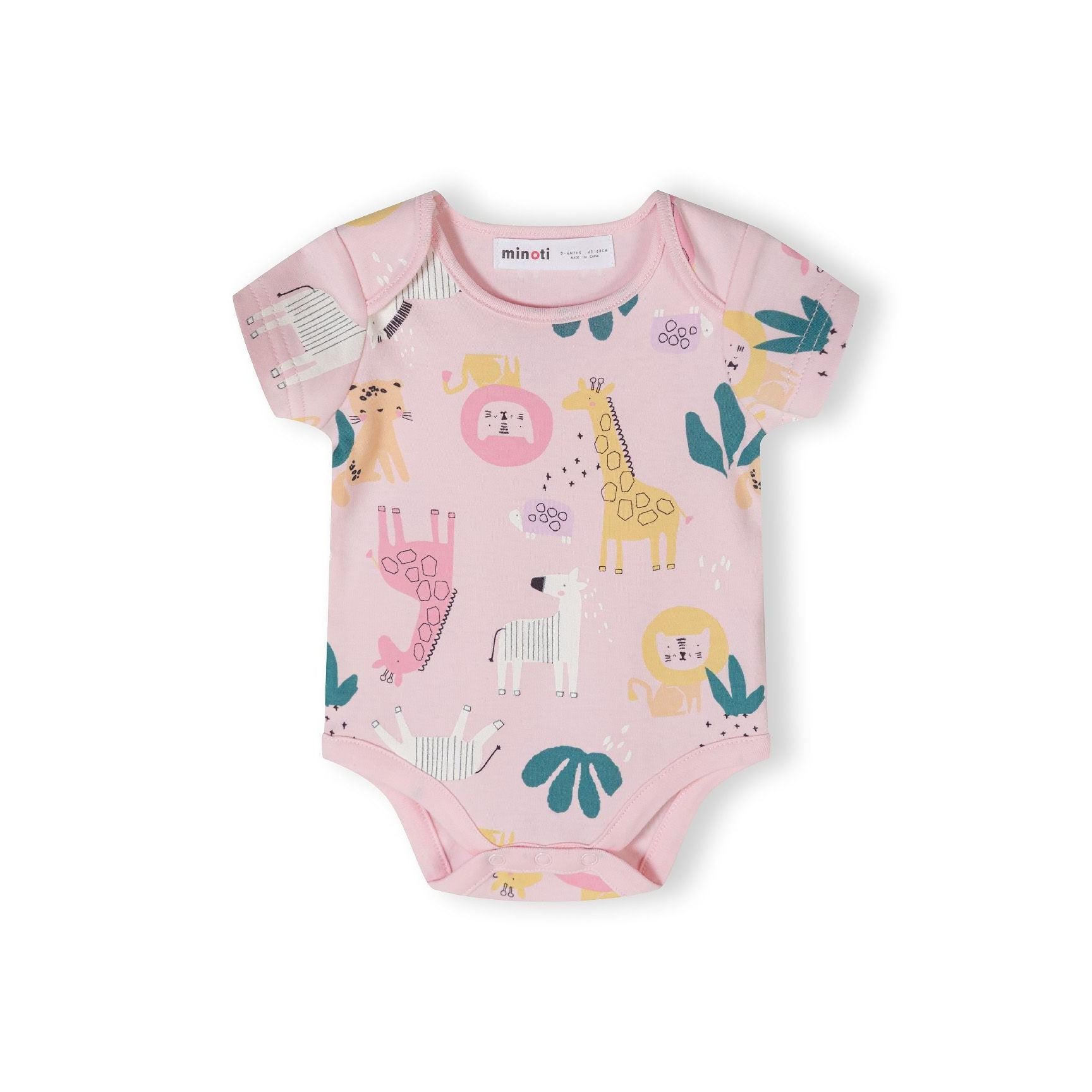 Single mint green bodysuit with safari animal print featuring giraffes, zebras, lions and tropical botanical elements displayed on white background