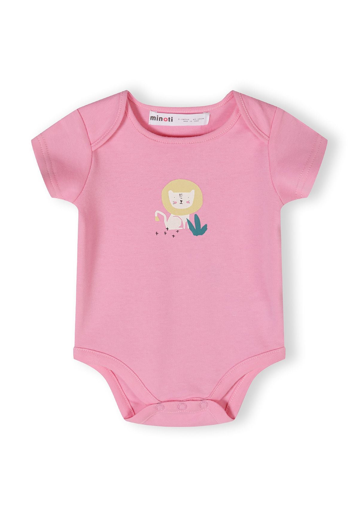 Pink, mint and cream short-sleeved bodysuits, pink lion front.