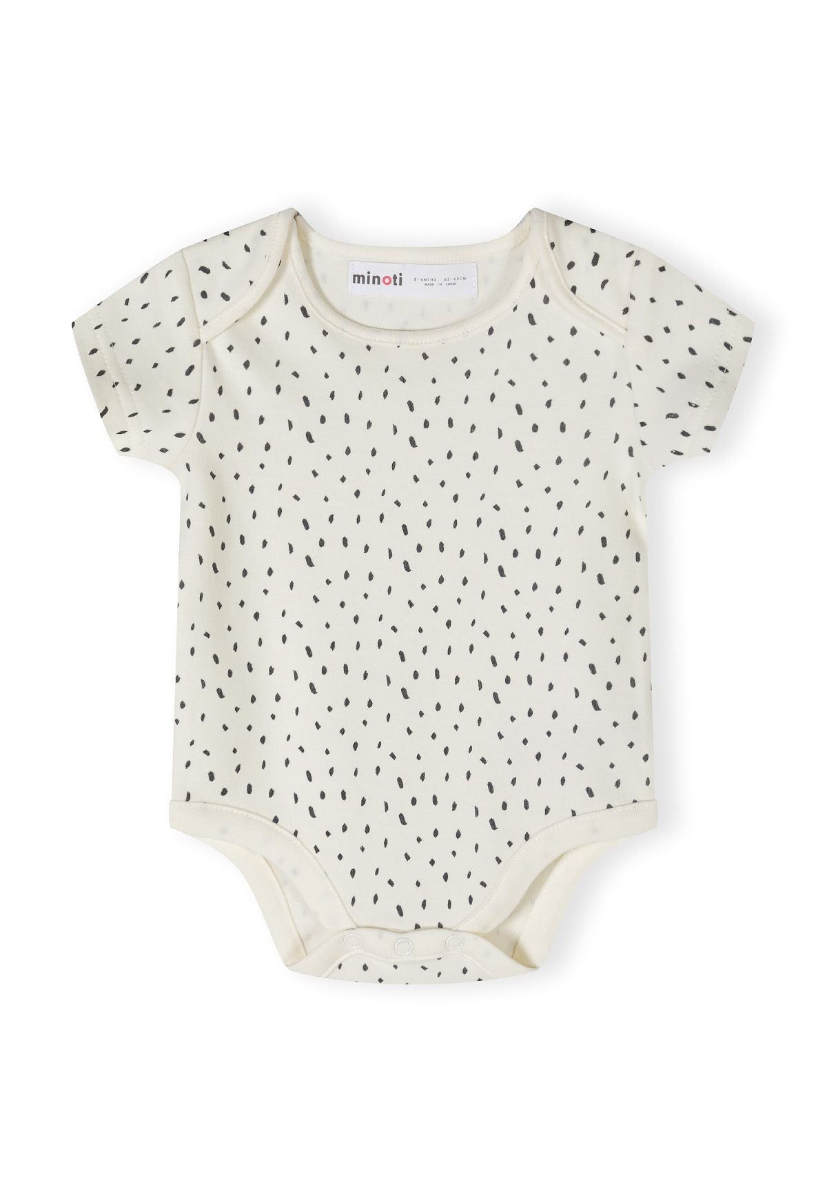 Pink, mint and cream short-sleeved bodysuits, cream small-print front.