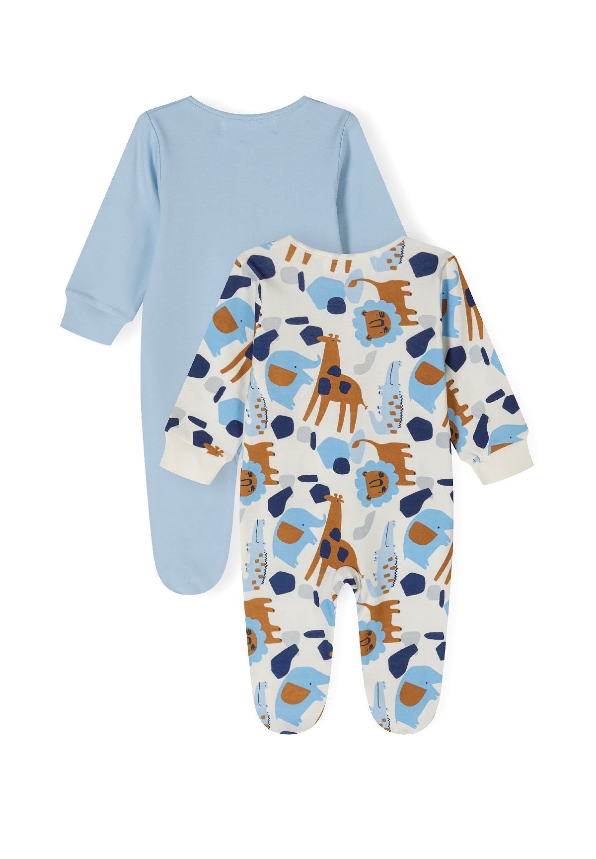 Two long-sleeve sleepsuits for boys, one light blue and one patterned with animals, back view.