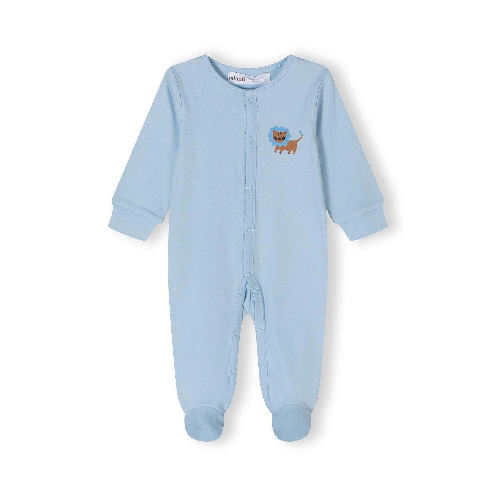 Back view of white sleepsuit with safari animal print pattern showing elephants, giraffes, lions and abstract shapes in blue, brown and navy colors